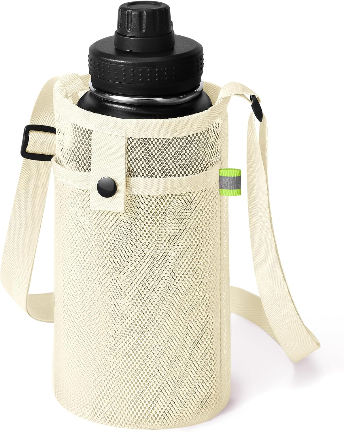 Large Water Bottle Bag with Strap, Big Mesh Water Bottle Holder Crossbody Water Sling Bag Shoulder Strap and Pocket - Lightweight Water Bottle Carrier for Walking Sports Hiking Camping (Beige)