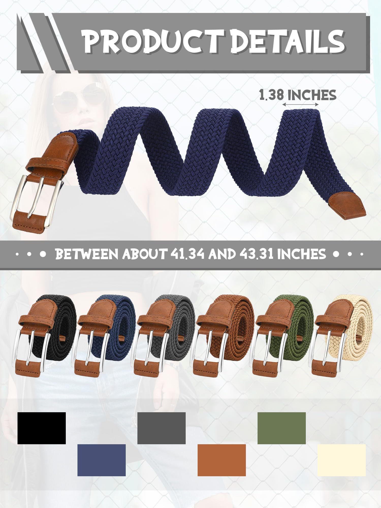 Chuarry Stretch-Gürtel für Herren, geflochtene, elastische Gürtel für Herren, gewebtes Nylon, Arbeitsgürtel für lässige Jeans, Golf, Hemden, Hosen, Shorts, 6 Farben, 6 Stück