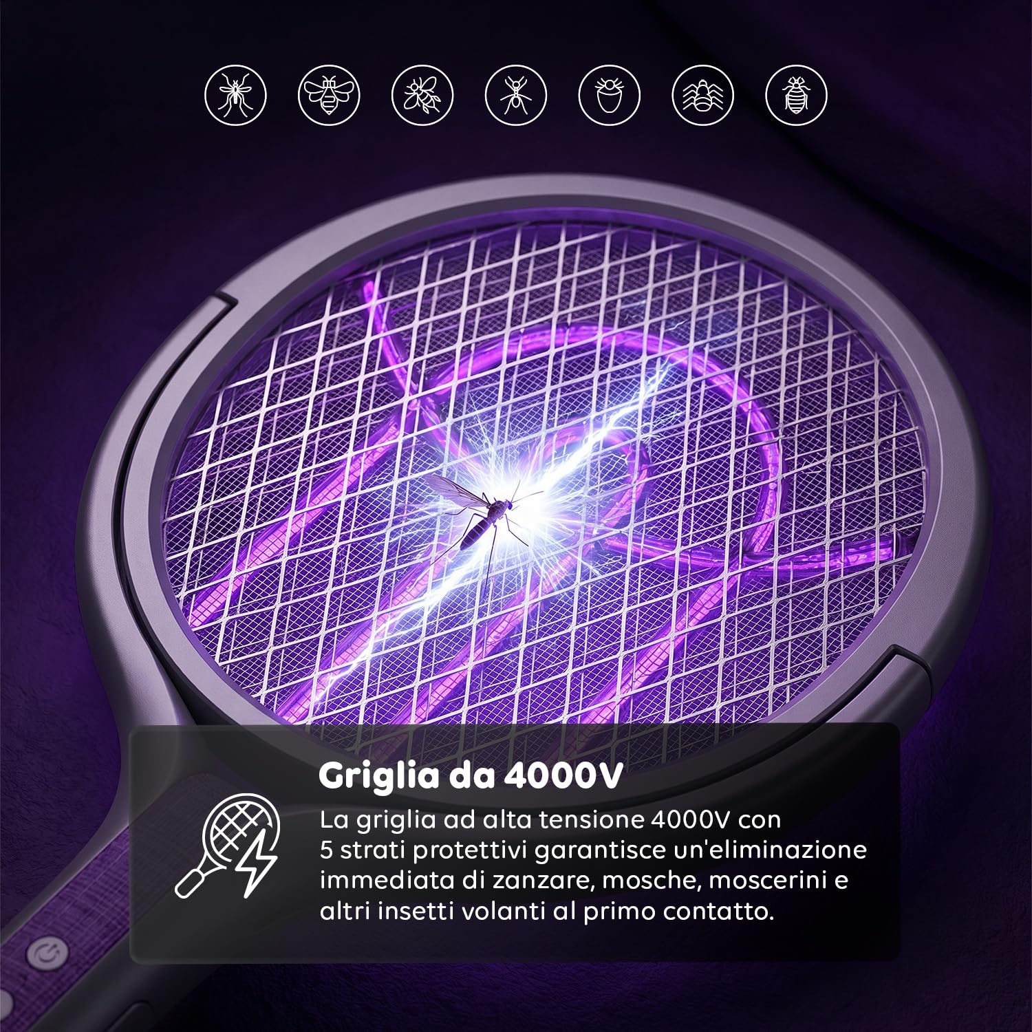 Avilia - Racchetta Zanzare Elettrica Telescopica 2 in 1 – 4000V, Griglia 5 Strati, Luce UV 365nm, USB-C | Racchetta Elettrica per Zanzare Ricaricabile 1800mAh, 79-108 cm, Griglia 90°,Da Tavolo/Manuale