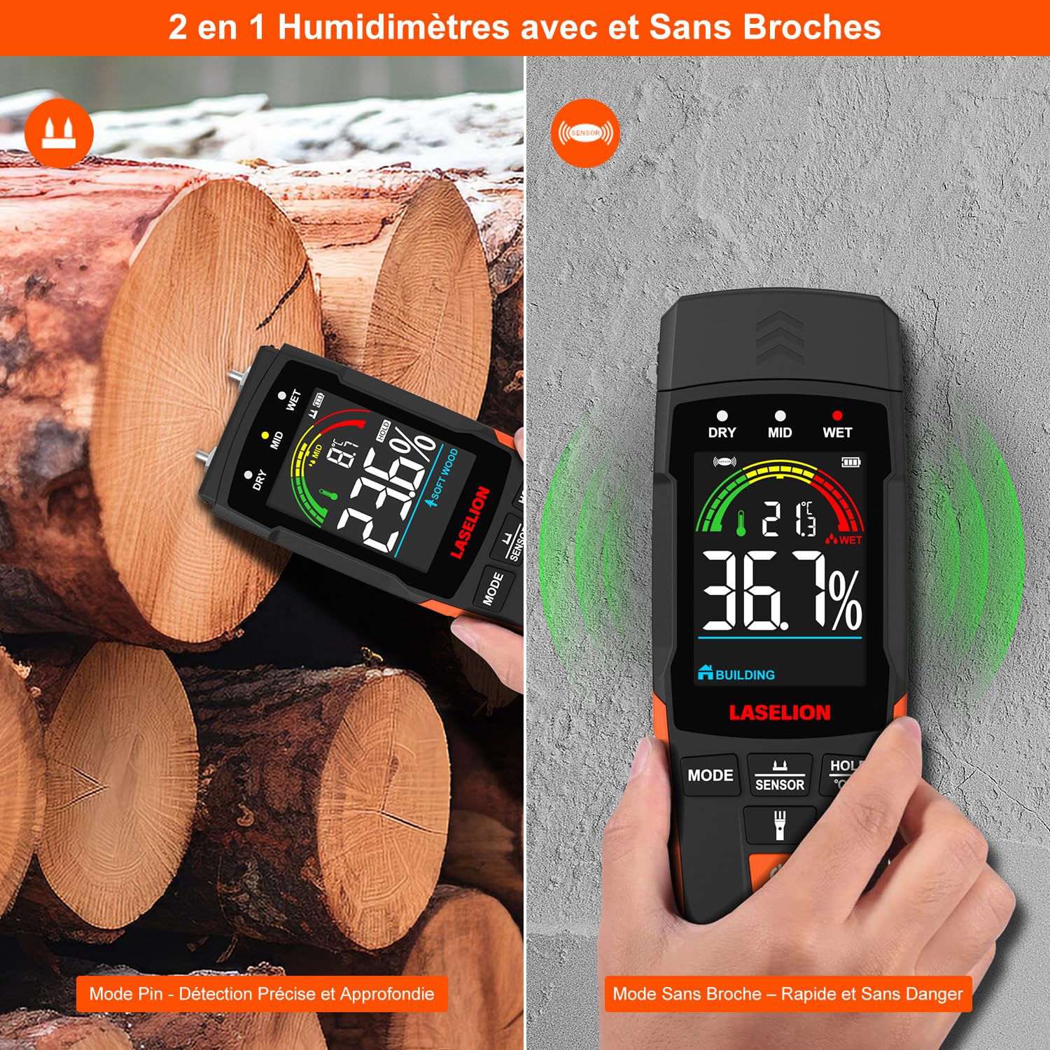 LASELION Testeur Humidité Mural Pin & Pinless 2 en 1 Détecteur d'humidité avec Grand Écran Rétro-éclairé pour le Bois, les Bâtiments, et l'emballage MS03