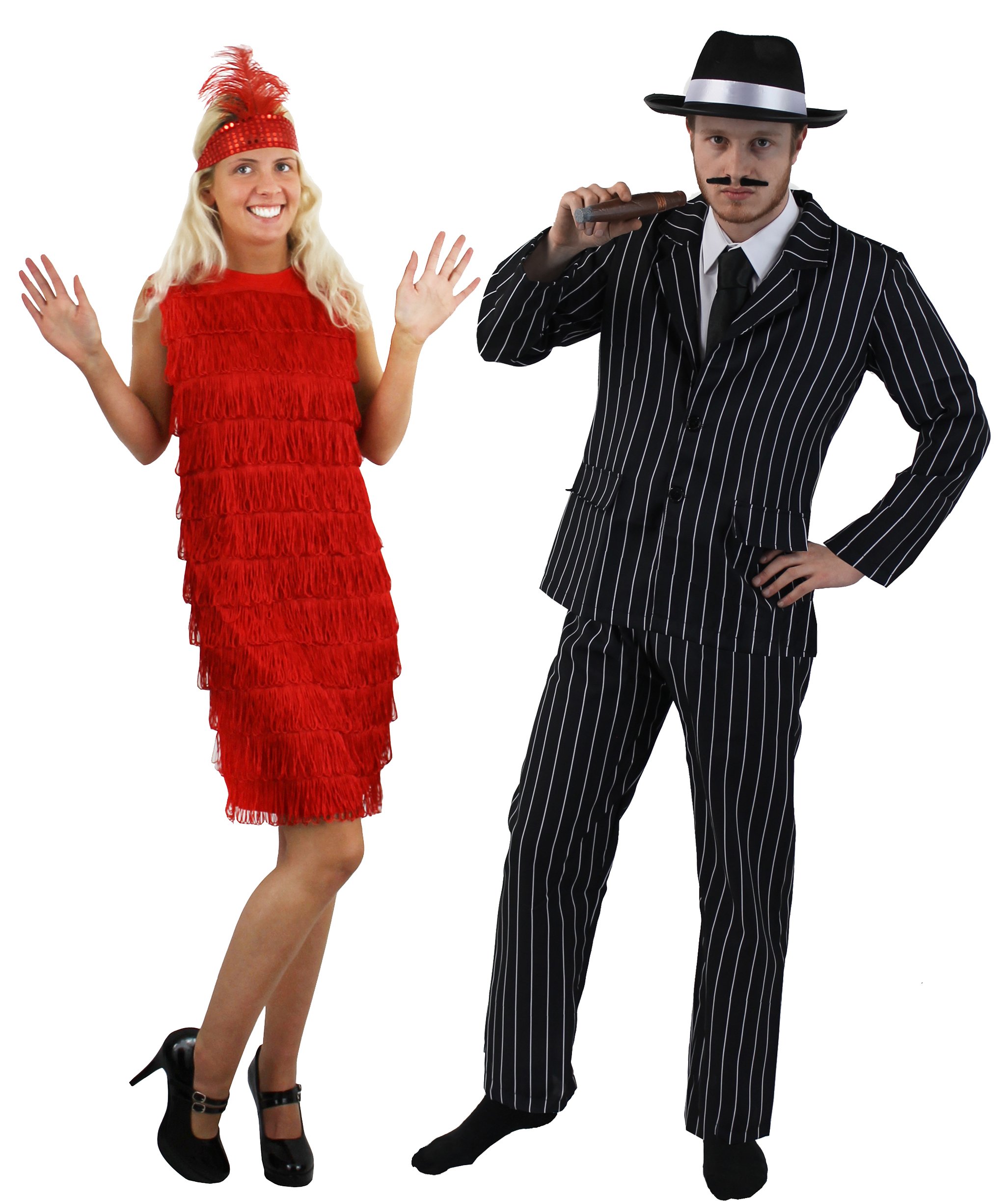 I LOVE FANCY DRESS LTD 1920's = para gangster = karneval - sznur = paski na igły garnitur w 5 rozmiarach + czapka typu gangster + zigar + krawiec + sukienka z frędzlami + opaska na czoło + pióro = garnitur XXL + sukienka/czerwony XL