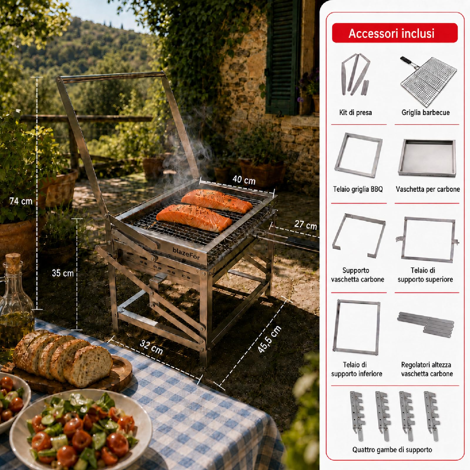 Barbecue a Carbone Girevole 180° Inox Portatile per Giardino e Campeggio | Griglia Ribaltabile a 180° con Manovella, Braciere Regolabile in Altezza, Pinza per Carne Inclusa, Facile da Montare