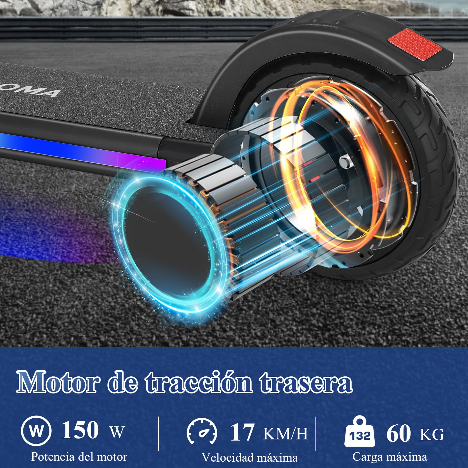 Caroma Patinete E para niños de 6 a 14 años, Motor de 150 W/180 W, 16 km/h, 80 Minutos de Tiempo de conducción, Velocidad y Altura Ajustables, Luces Coloridas, indicador LED, Scooter eléctrico
