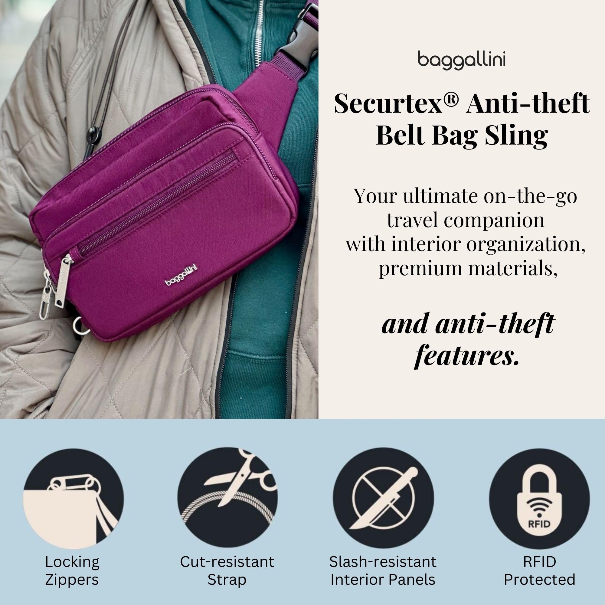 Baggallini Securtex Antykradzieżowa nerka dla kobiet z ochroną RFID, zamek z blokadą, torebka podróżna na ramię, przez ramię, One Size