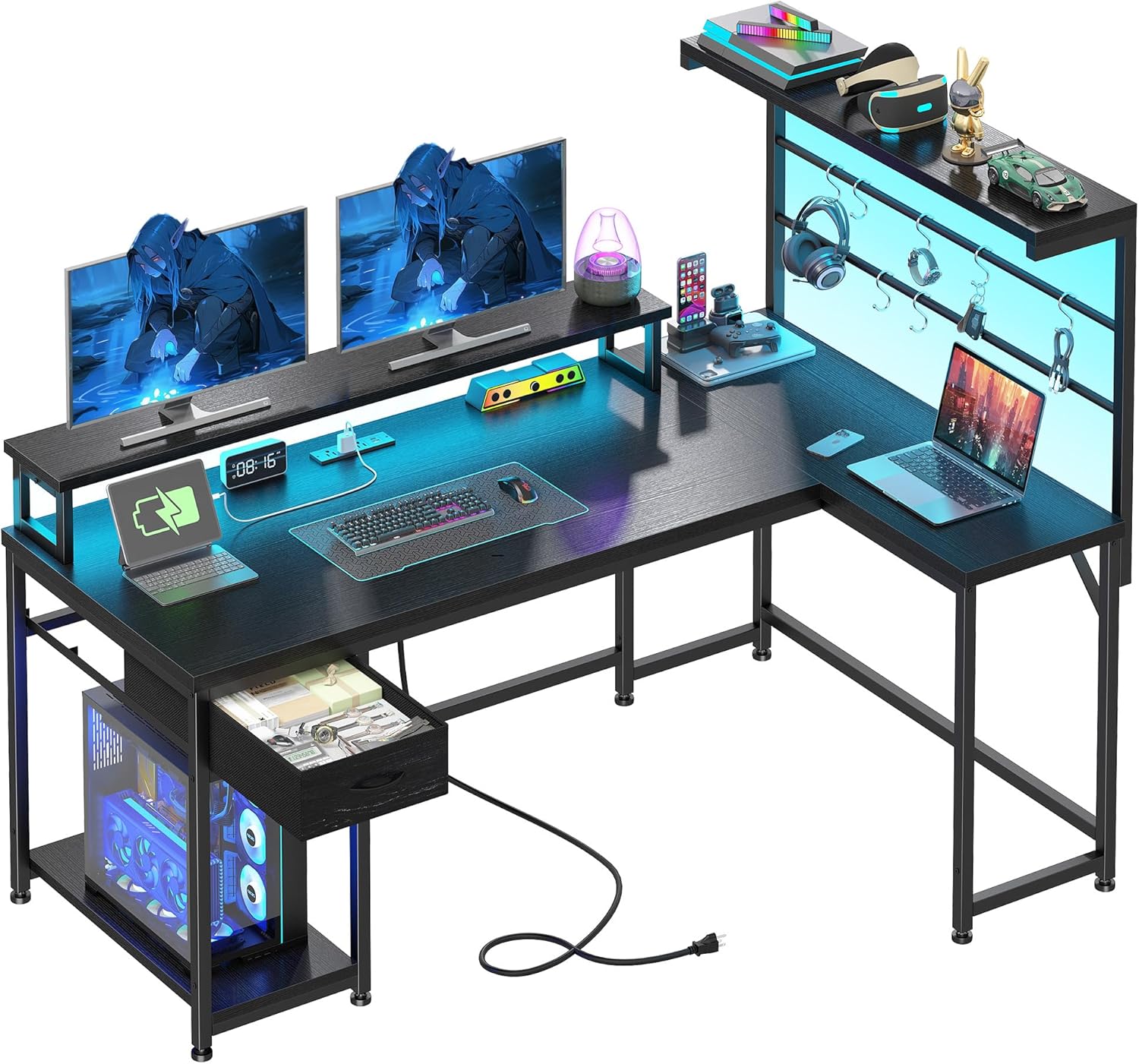 EnHomee 52.2'' Gaming Desk with Power Outlet, L Shaped Computer Desk with LED Light,Reversible Office Desk with Hutch & Monitor Stand, Corner Desk with Drawers & Hooks,Home Office Writing Desk,Black