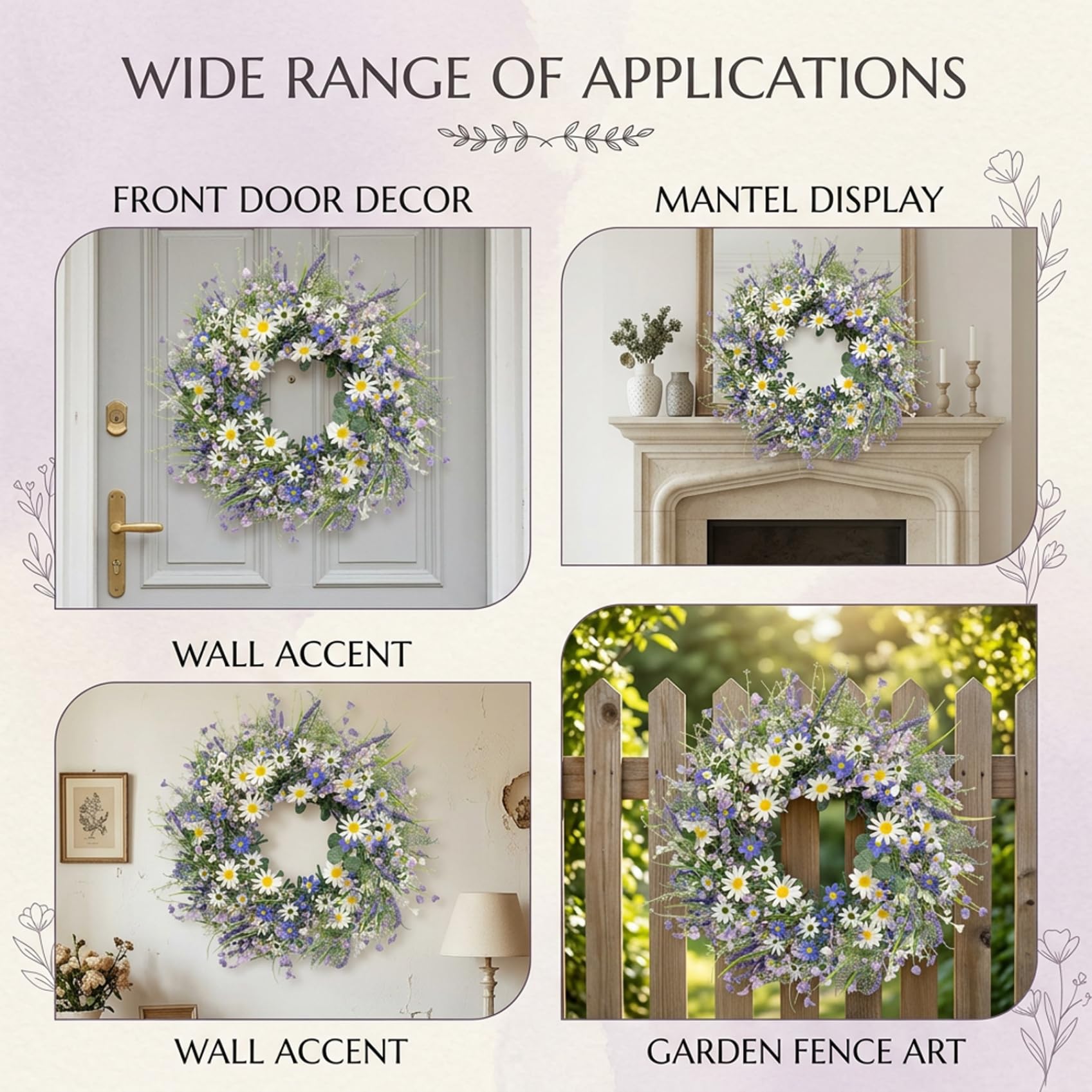 Gänseblümchen-Kranz, Frühlings-Haustürkranz mit Lavendel, 40, 6 cm große Blumenkränze für ganzjährige Heimdekoration, Bauernhaus-Wand- oder Innendekoration, Gänseblümchen