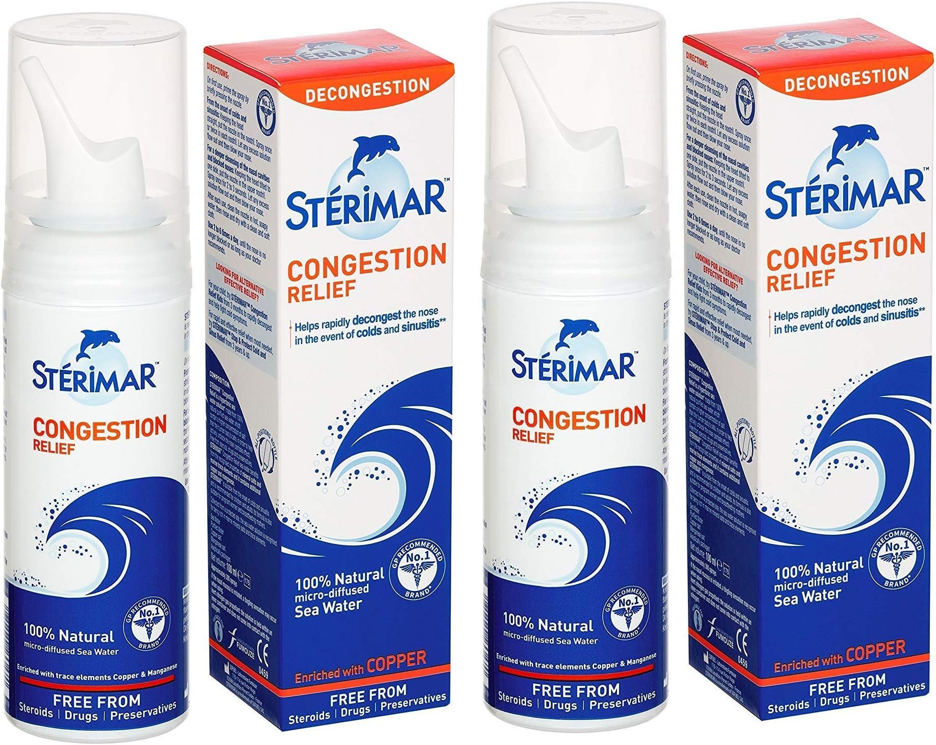 Sterimar - Nasal Spray - Congestion Relief - 100% Natural Sea Water - with Copper & Magnesium - 100ml - 2 Pack