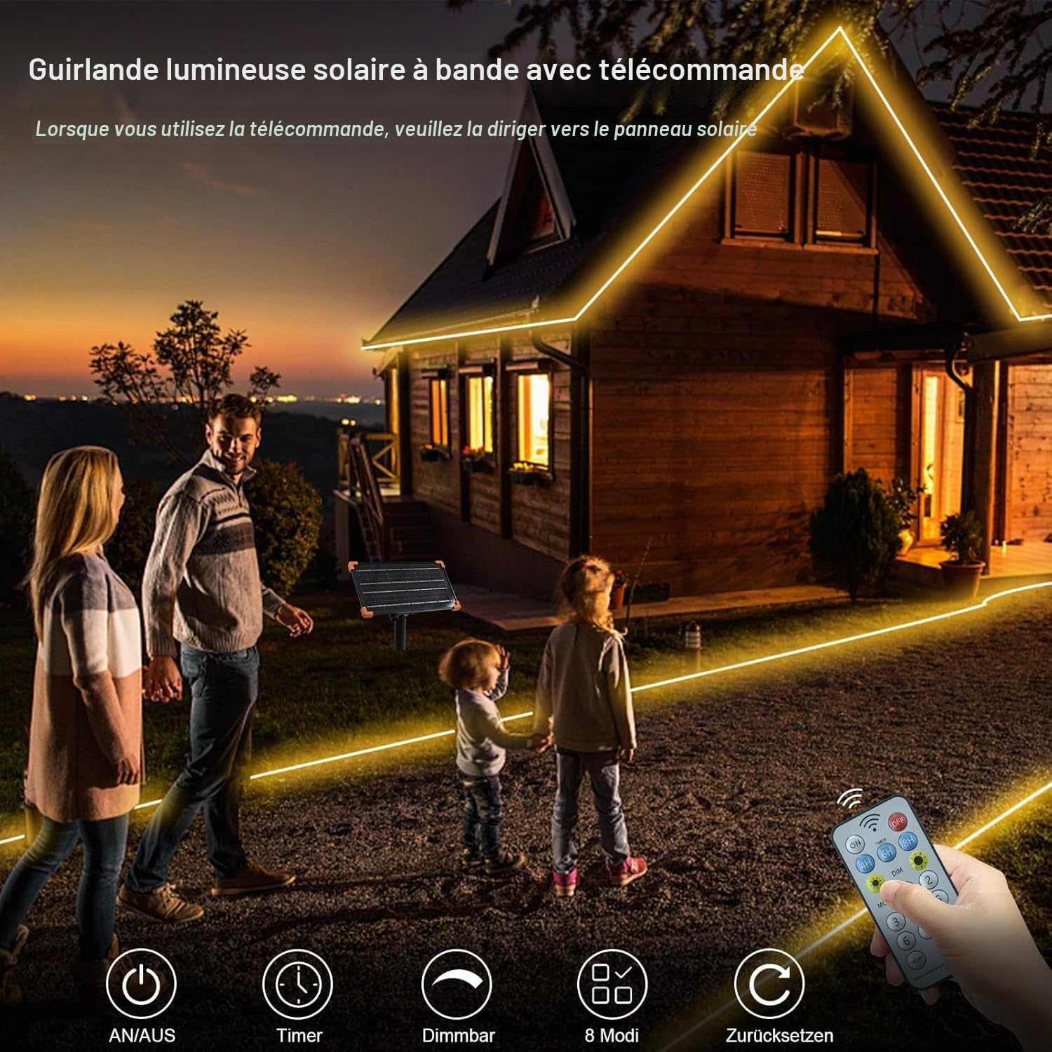 DBFAIRY 15M Ruban LED Solaire Extérieur, 540 LEDs Bande LED IP68 Étanche, Bande LED solaire avec Télécommande, Minuterie, pour Jardin, Terrasse, Balcon (Blanc Chaud)