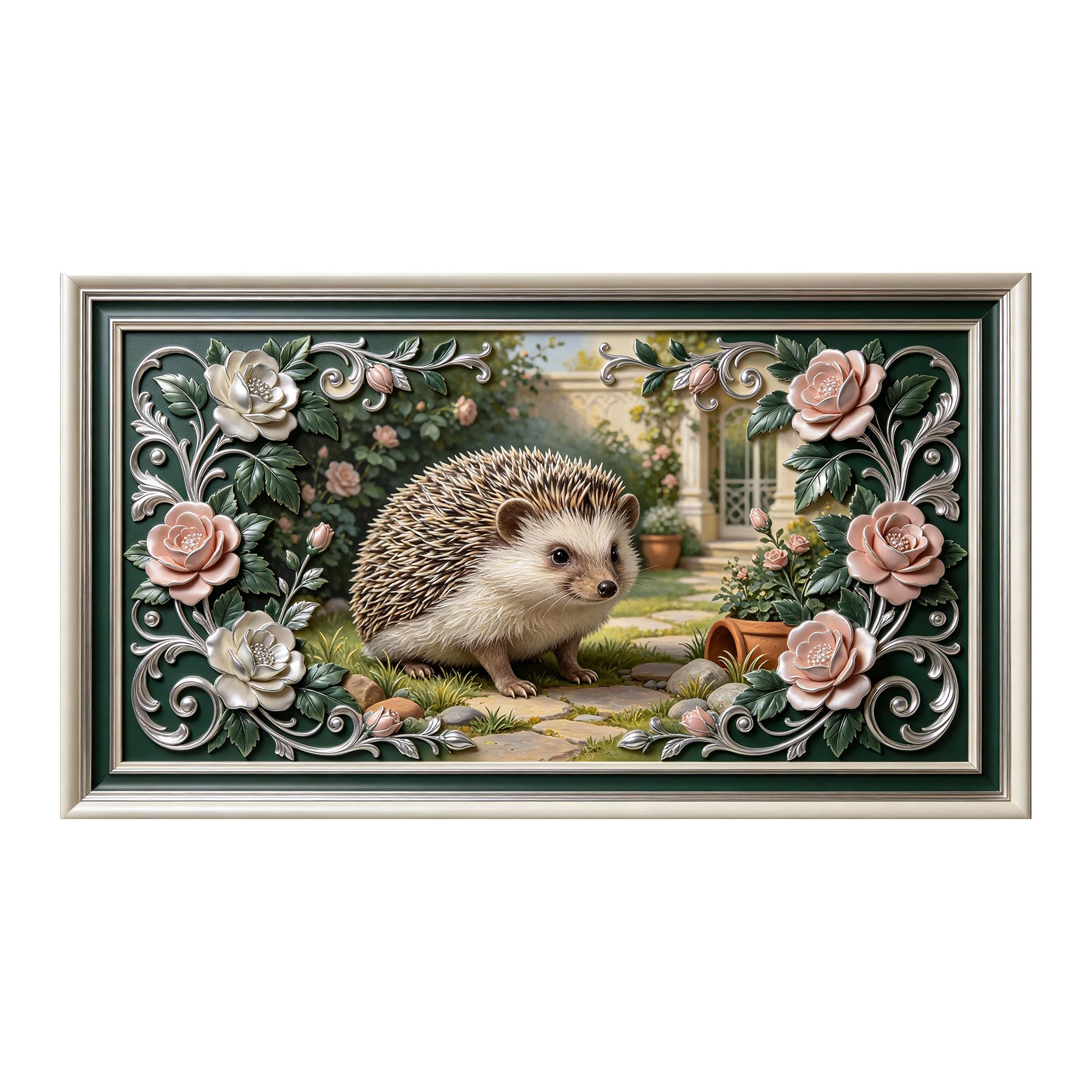 Yzpallescene 3D 3D Framed Wall Art 50cm×90cm Hedgehog Garden Floral European Classic Relief Effect Large Size SelfAdhesive Removable Wall Decor Prints Artwork for Living Room Bedroom Office