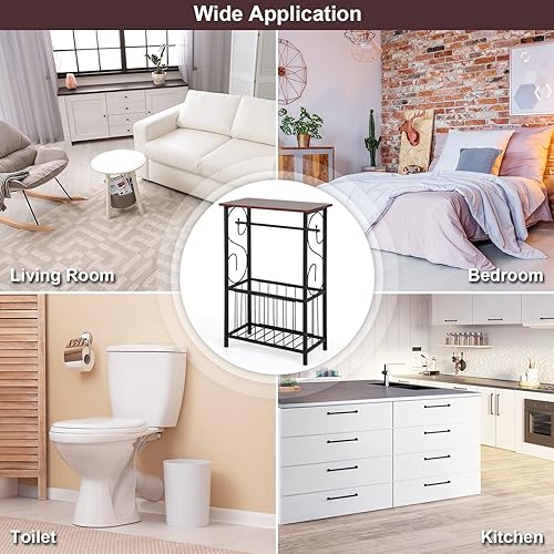 Miniatura 10 de Giantex Mesa auxiliar con soporte para papel, mesa auxiliar estrecha con cesta de almacenamiento y marco de acero para sala de estar, dormitorio,