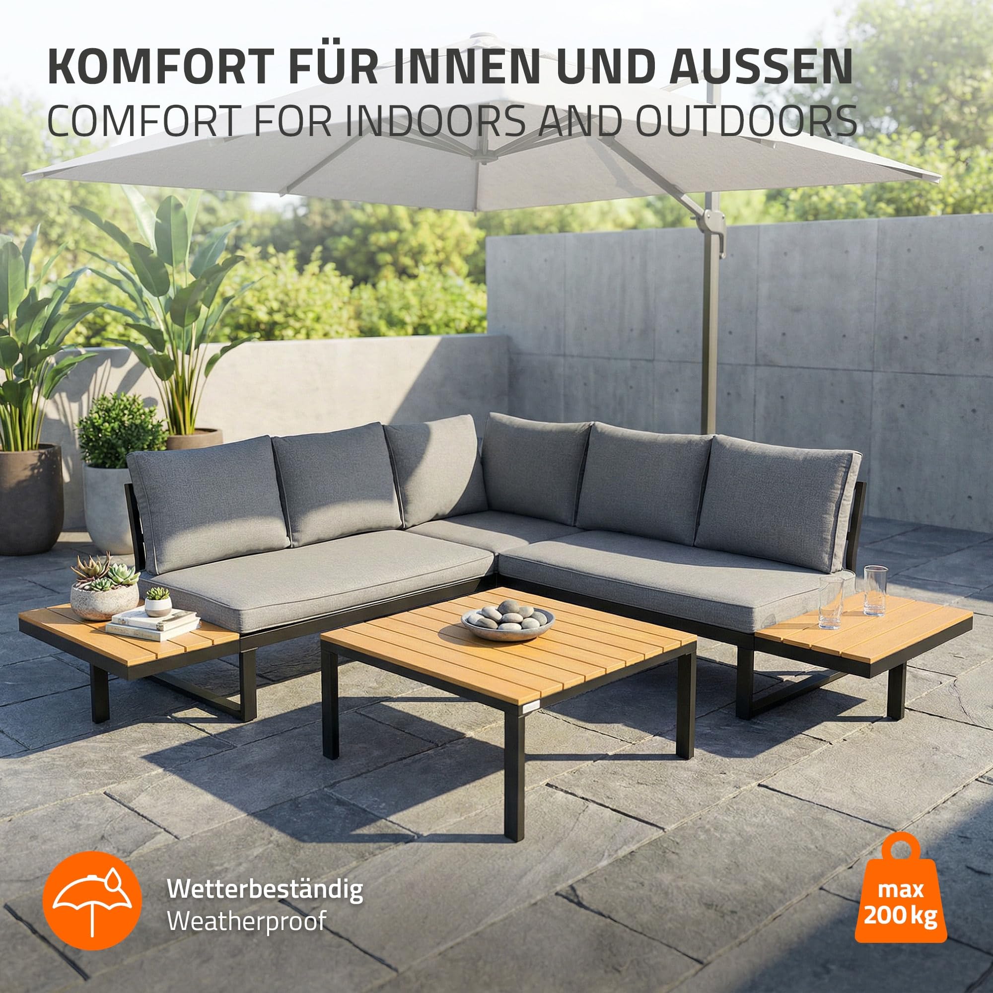 ML-Design Set Mobili da Giardino Grigio Effetto Legno 3 Pezzi con Tavolino e Cuscini, Divano Angolare per Terrazza e Balcone, Sedute Combinabili Resistenti alle Intemperie, Arredo Lounge Esterno