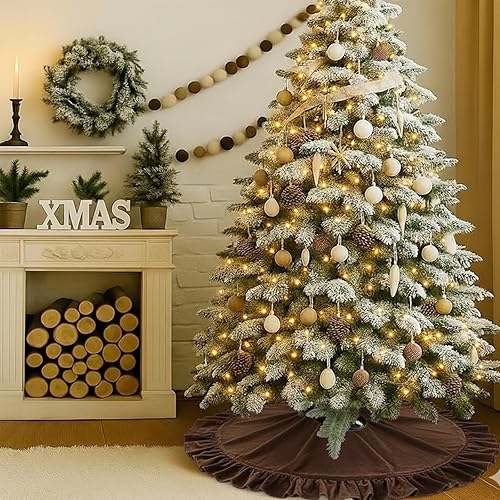 Vista 126 de Faldones de felpa para árbol de Navidad, 36 pulgadas, tapete de lujo de piel sintética blanca nevada con copos de nieve dorados para decoración