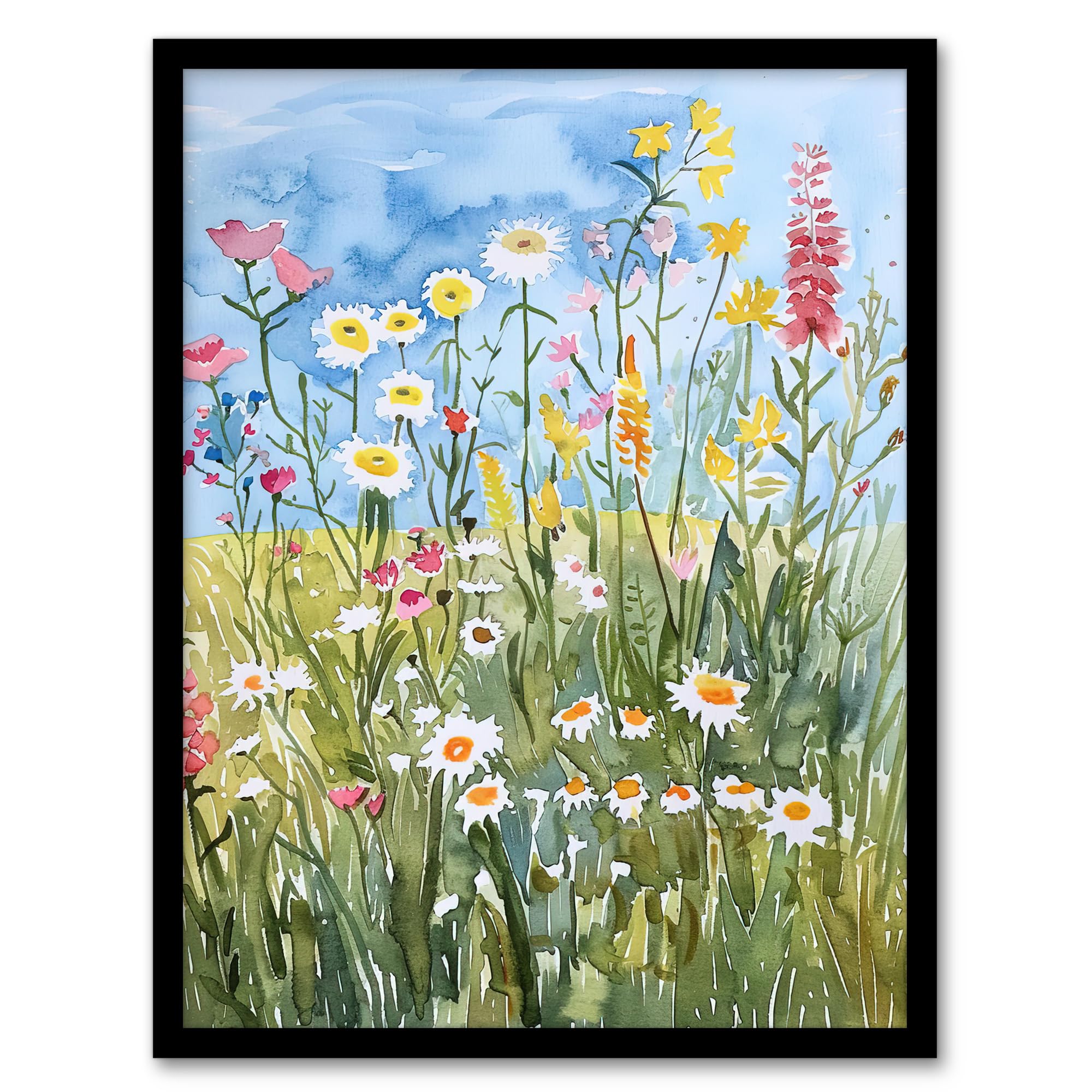 Artery8 Summer Wildflower Meadow Floral Watercolour Living Room Artwork Framed Wall Art Print 18X24 Inch
