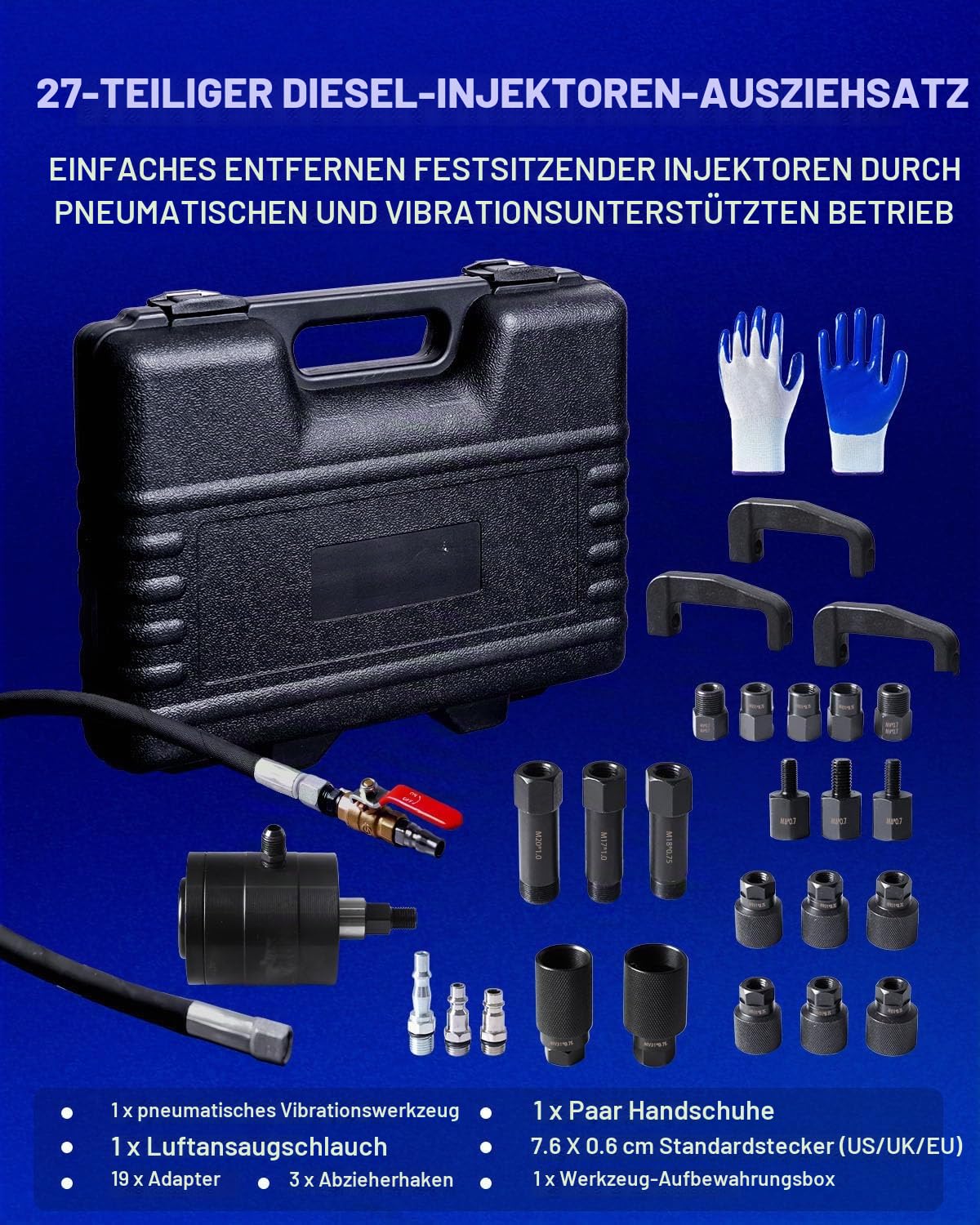 27-tlg Pneumatisches Diesel Injektor Abzieher mit 19 Adaptern 3 Abziehhaken