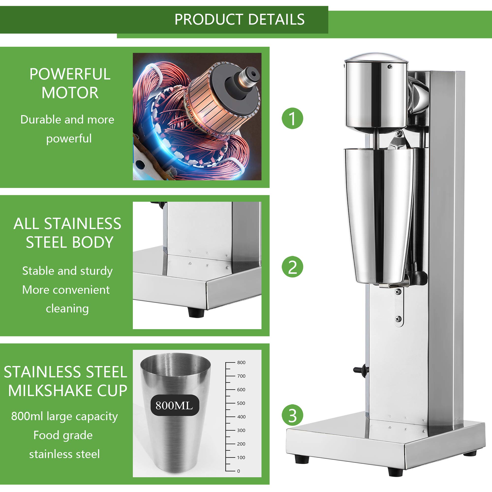 Cgoldenwall Milchshake Maschine Kommerzielle Elektrische Einkopf-Trinkmixer 18000 U/min Mit 2-Gang-Schalter 800ml Mixbecher Für Bananen, Papaya-Milchshake Und Cocktails