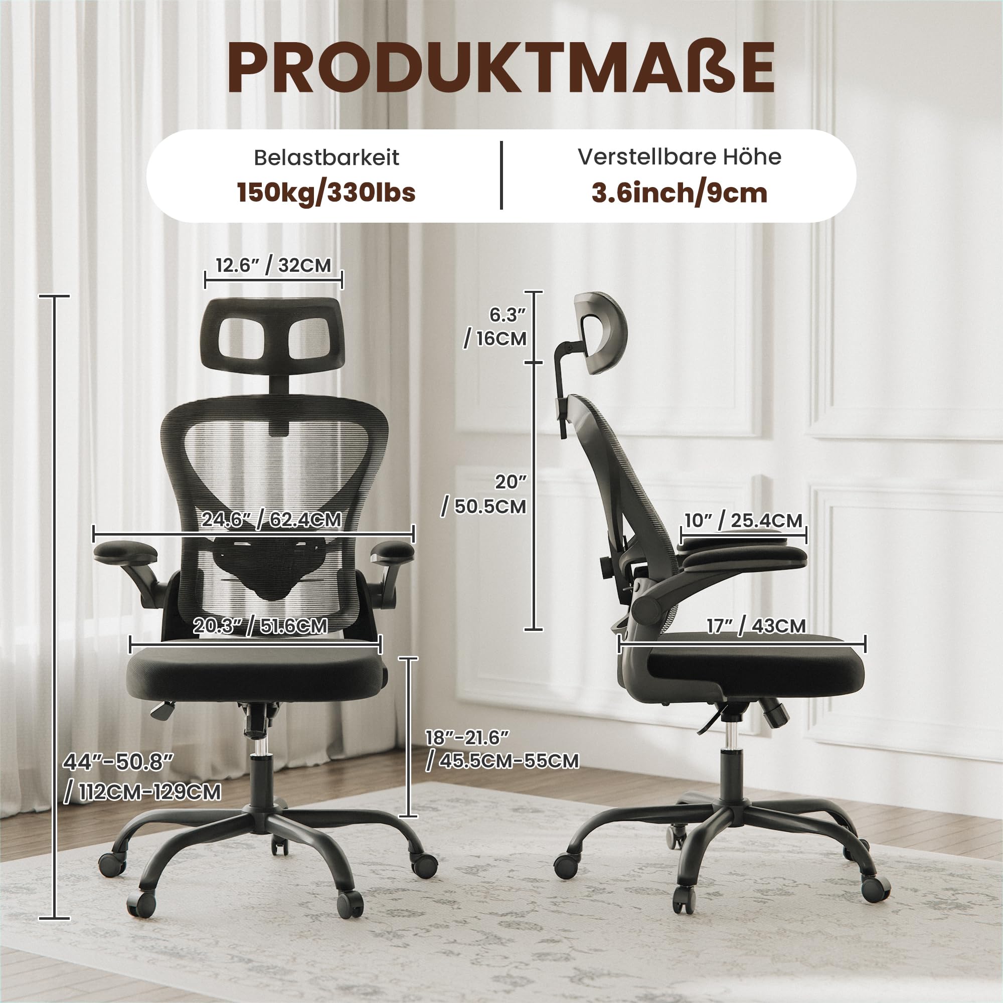 ALAULM Ergonomischer Bürostuhl mit Verstellbarer Lendenwirbelstütze und um 90° hochklappbaren Armlehnen, Computerstuhl mit hoher Rückenlehne aus Netzgewebe für Zuhause und Büro, schwarz