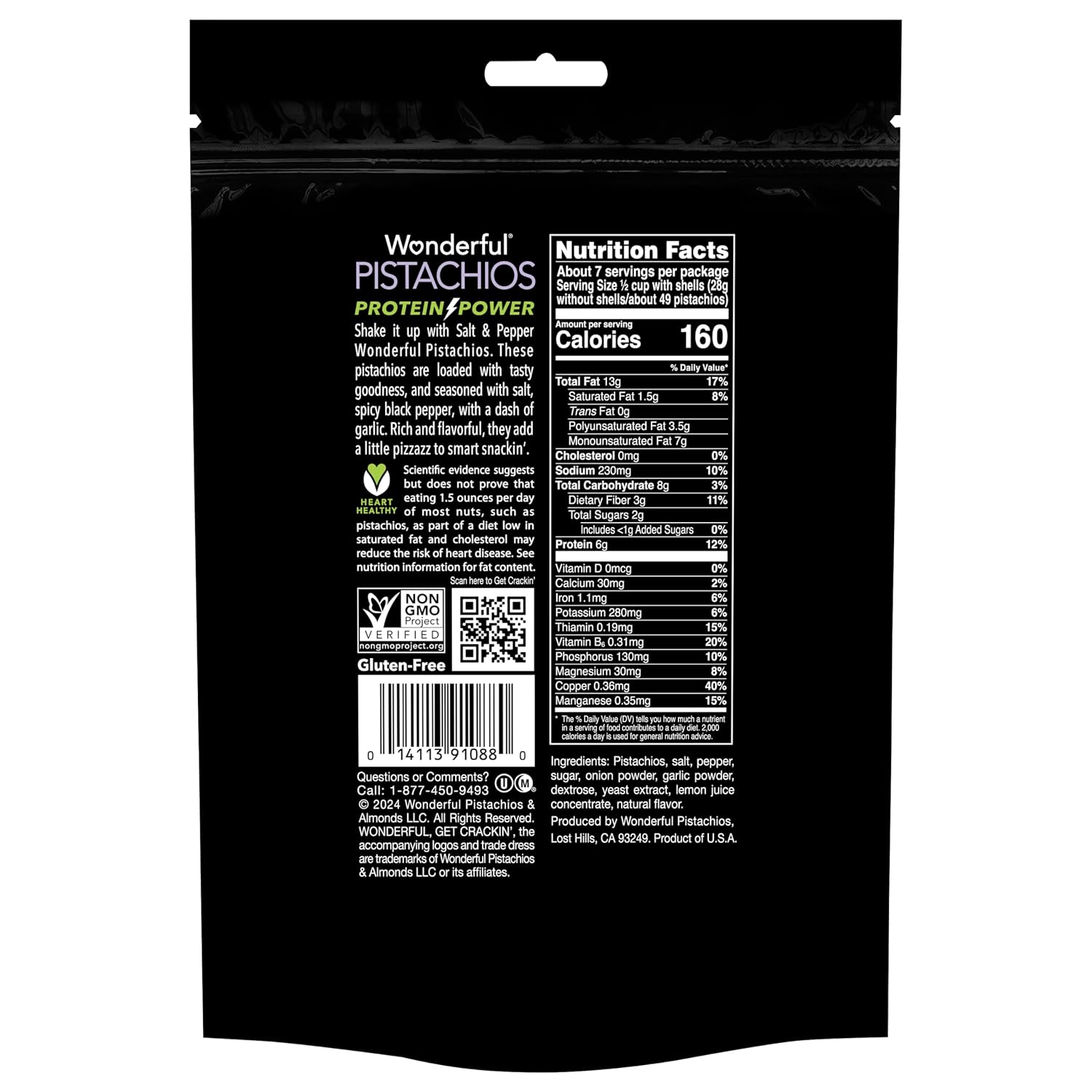 Wonderful Pistachios In Shell, Salt & Pepper Flavored Nuts, 14 Ounce Bag, Protein Snacks, Gluten Free, Healthy Snacks (Pack of 3)