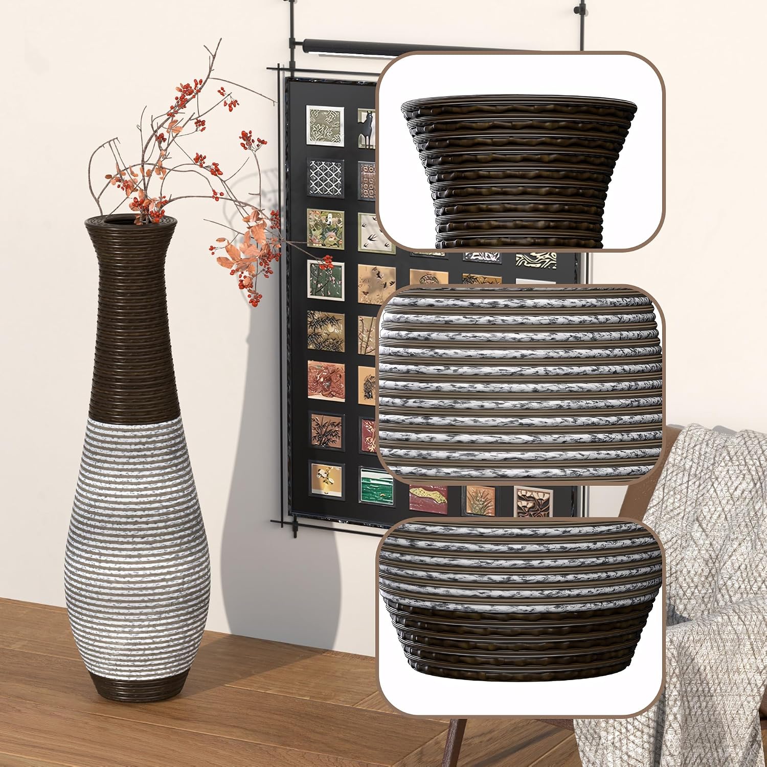 Large Hand-Woven PVC Rattan Floor Vase, 39.3 Inch Tall Home Decor Floor Vase for Fake Flower Dried, Flower Holder for Living Room, Bedroom, Dining Room, Entryway, Hallway