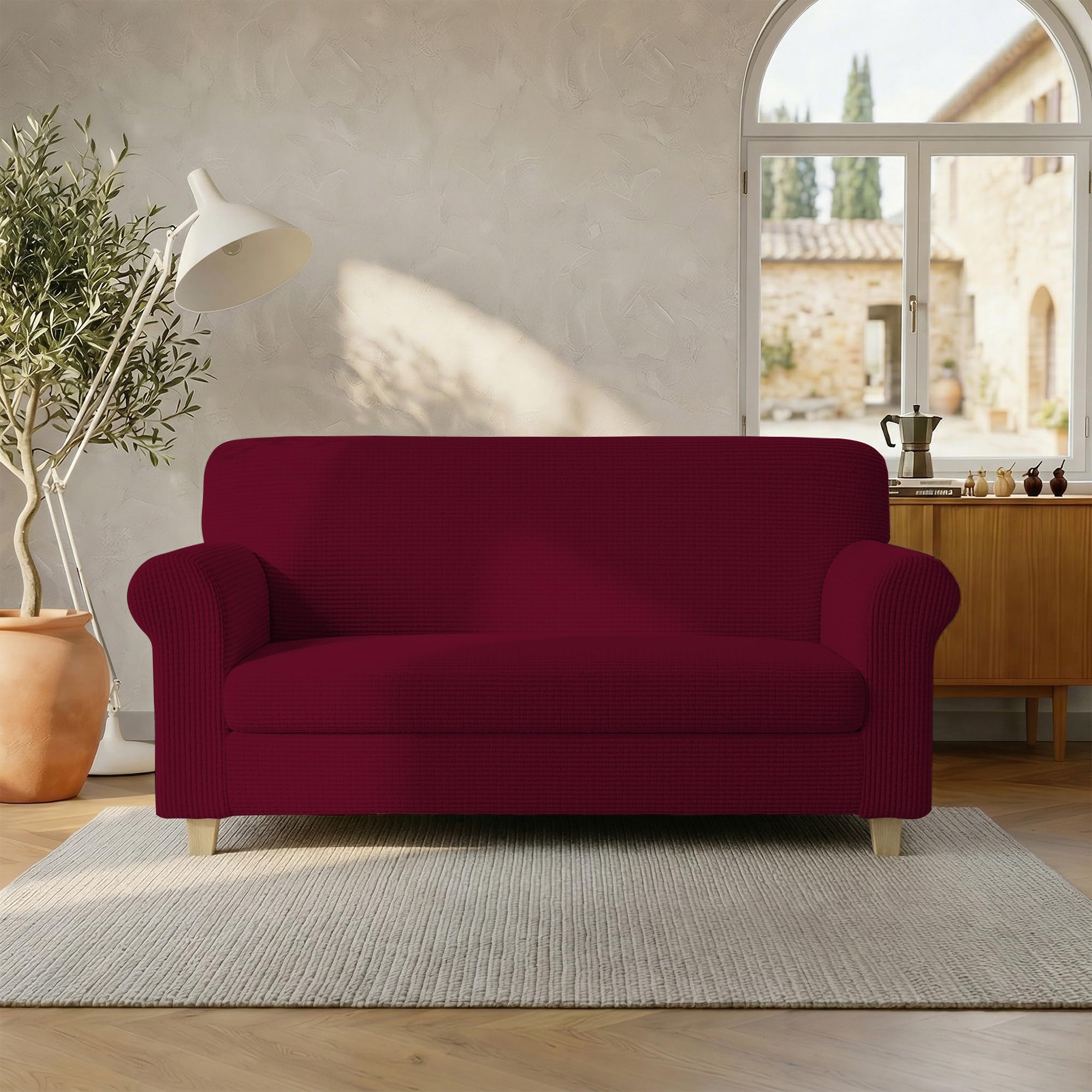 Italian Bed Linen LESLIE Elastic Stretch Sofa Cover, Burgundy 2 Seater