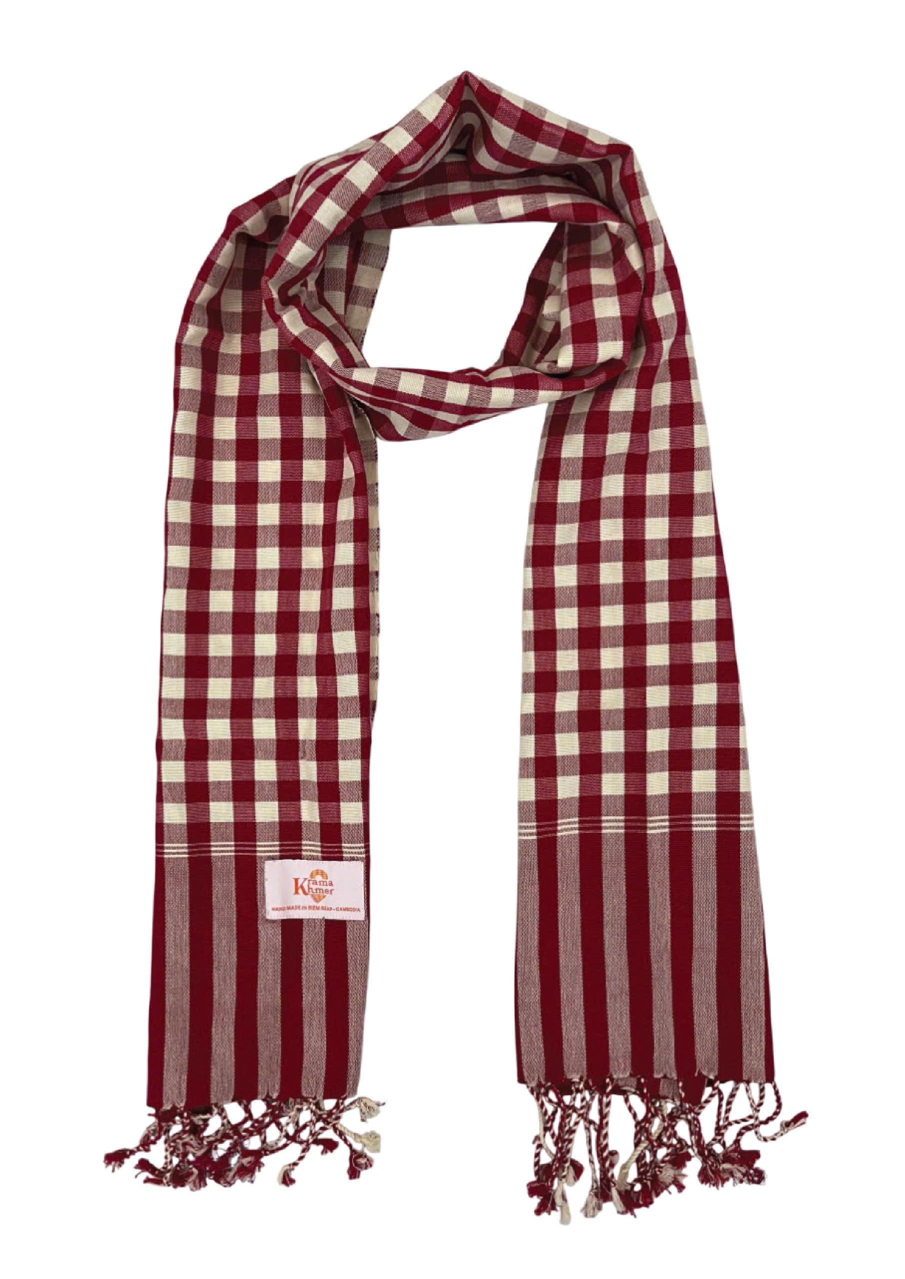 bufanda artesanal tradicional de Camboya hecha a mano roja y blanca, rojo, longueur 200 x largeur 48 cm