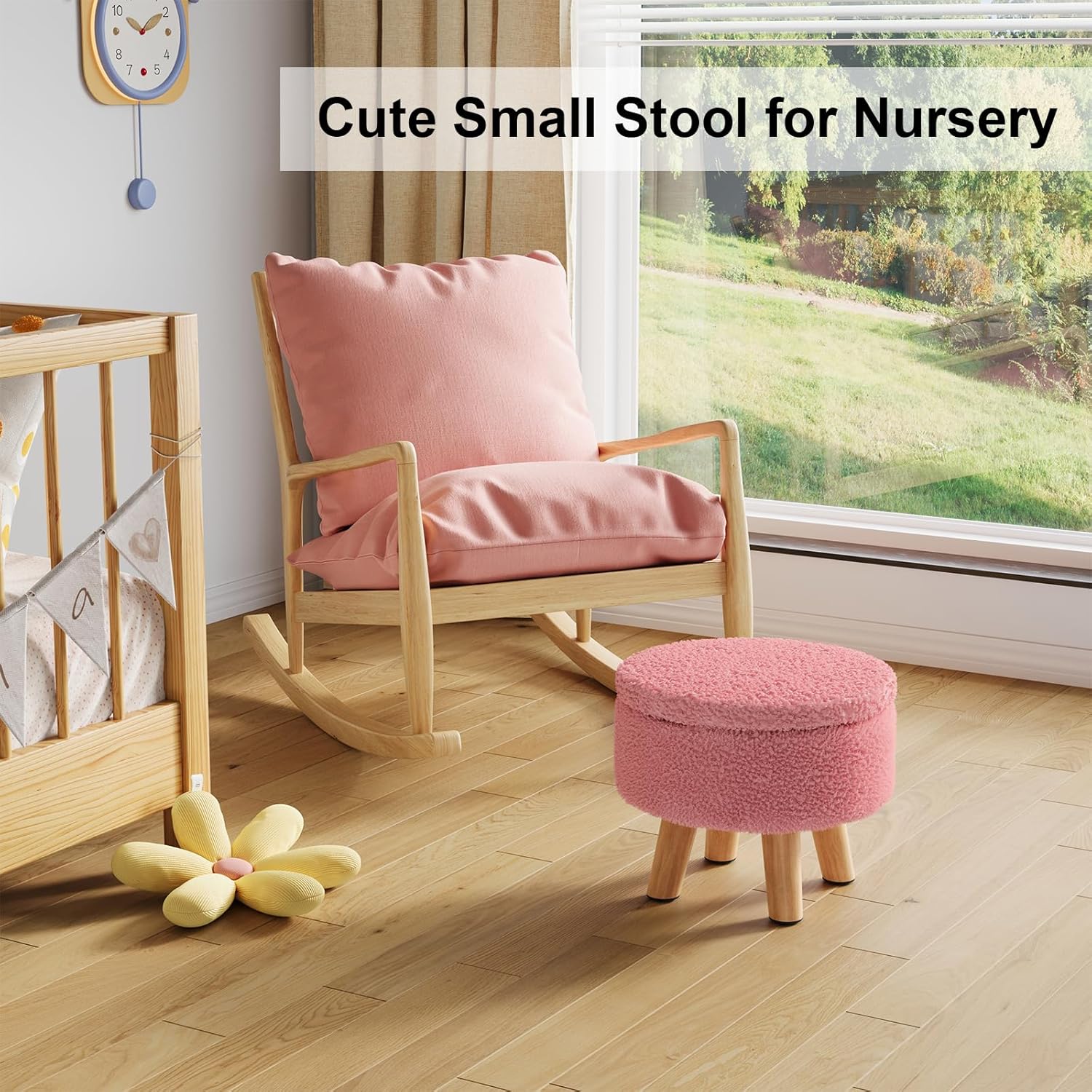 Pink Storage Ottoman Foot Rest, Small Sherpa Ottoman with Storage, Cute Round Foot Stool, Modern Pouf Ottomans Coffee Table, Boucle Teddy Footstools for Couch, Living room, Nursery, Dorm, Enterway