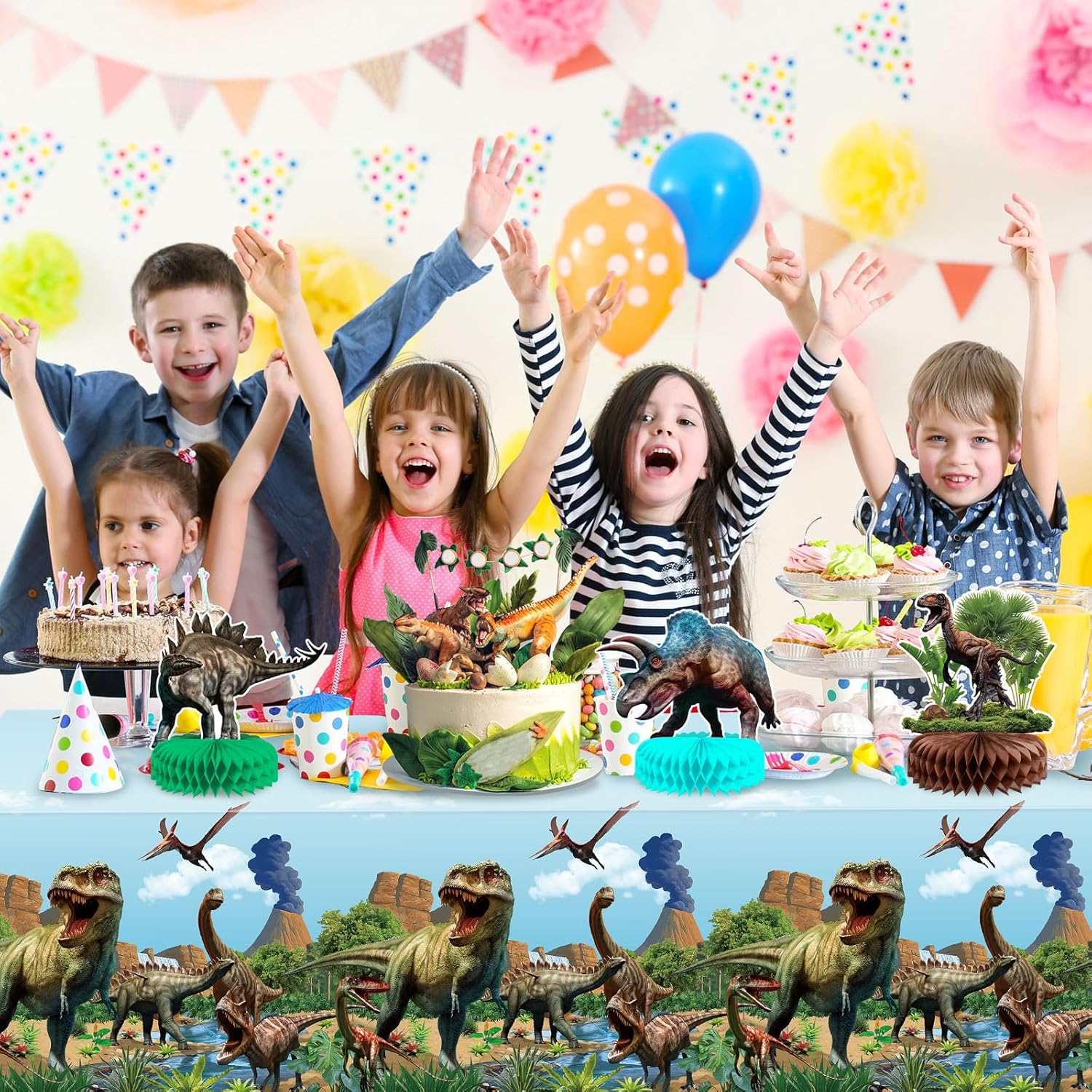 10 Pcs Dinosaur Centerpieces For Birthday Party 3D Dino Honeycomb Table Decorations Safari Jungle Animal Theme Baby Shower Table Paper Topper Stand Decor For Boys Girls Kids