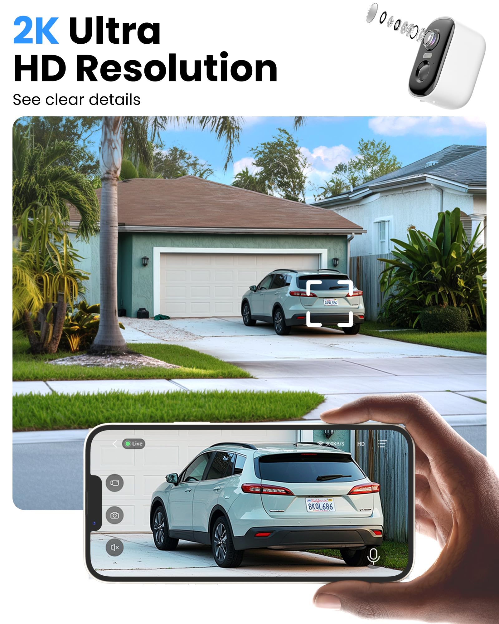 Telecamere di sicurezza wireless per esterni, telecamere WiFi alimentate a batteria 2K per la sicurezza domestica con rilevamento del movimento AI, visione notturna a colori, allarme sirena