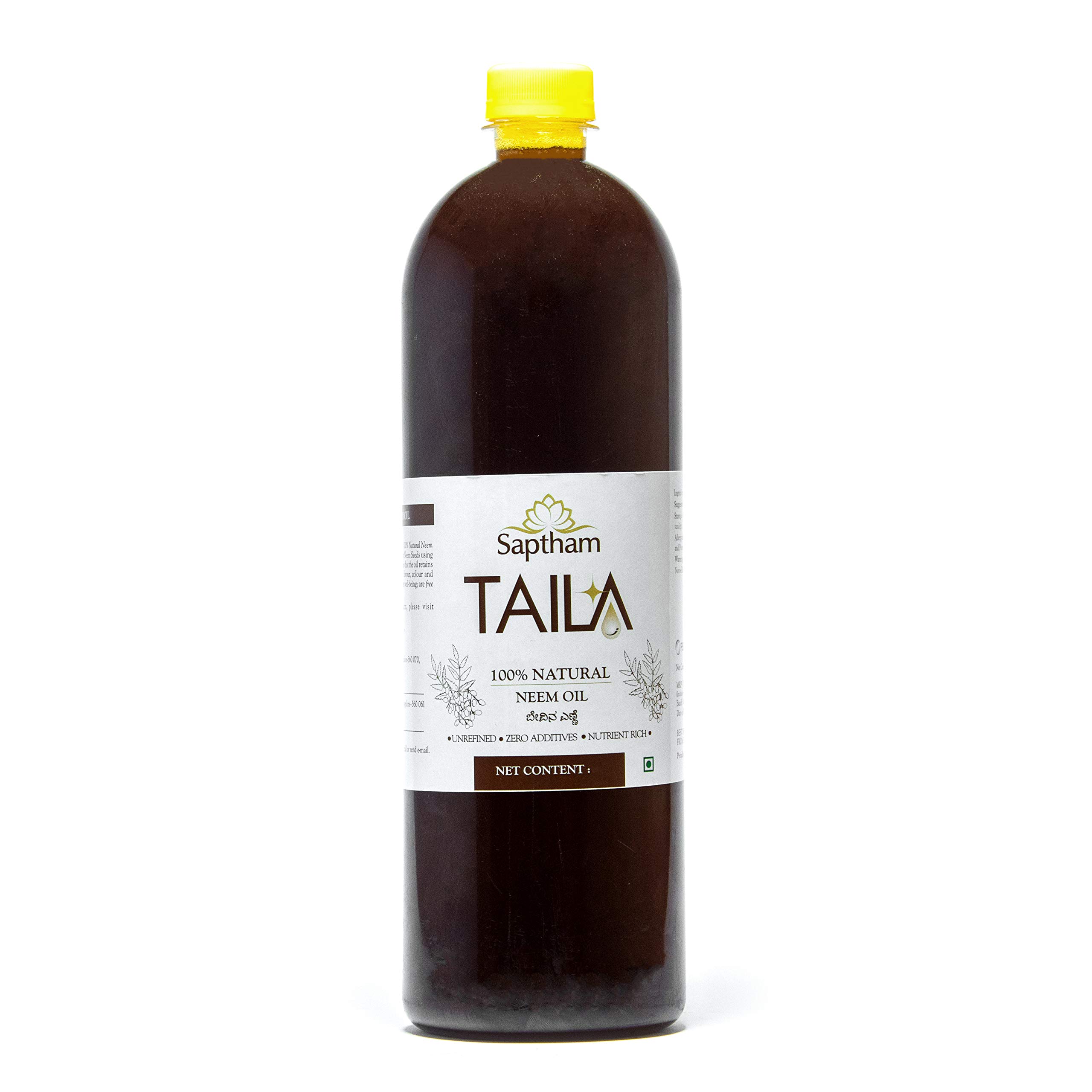 Saptham Taila 100% Natural Neem Oil (1 L) | Pure, Unrefined Cold Pressed for Skin and Hair | Free from Paraben, Hexane and Mineral Oil | Zero Preservatives | Body Massage, Disinfectant