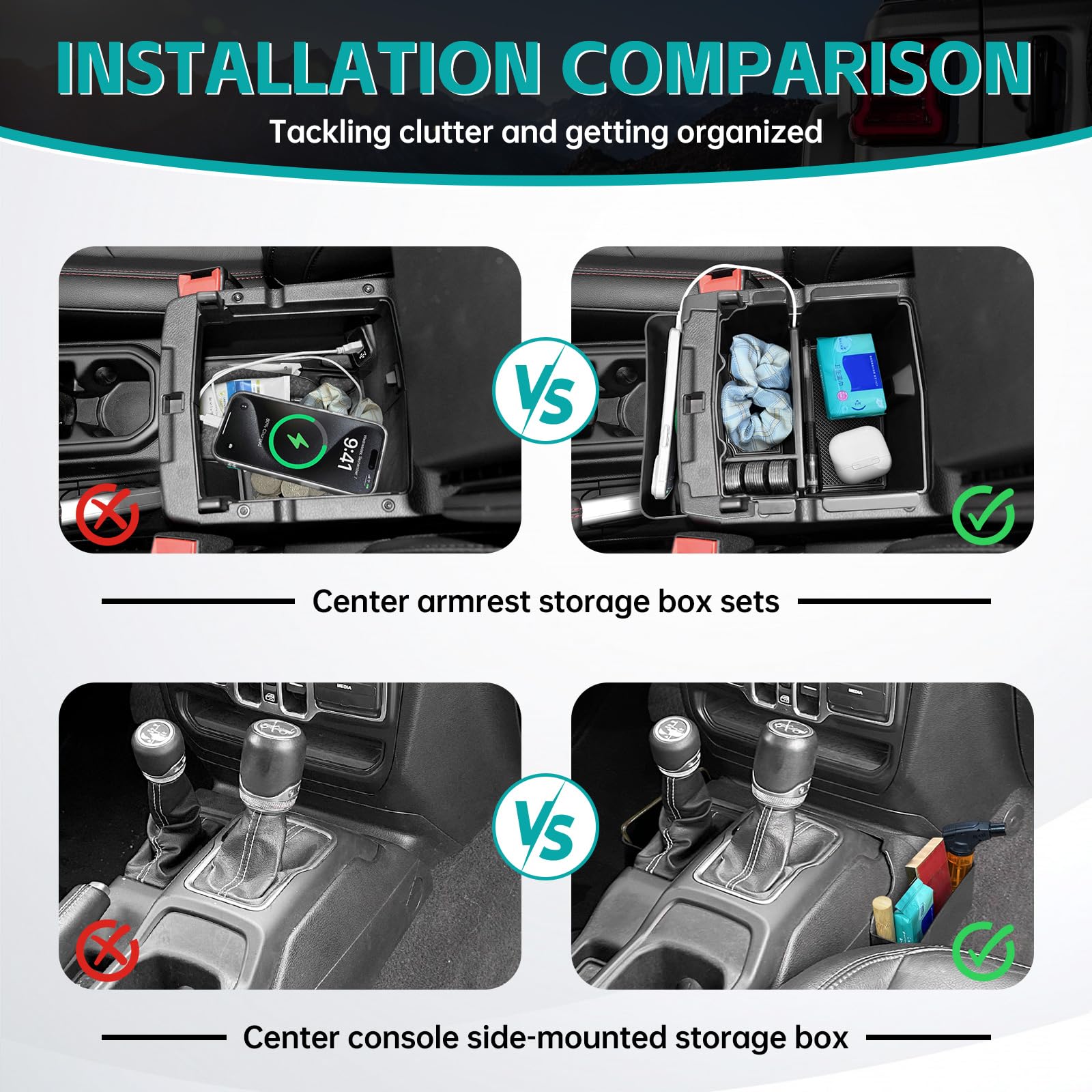 OUSUWO 3PCS Center Console Organizer Combo Kit Compatible with 2018-2025 Jeep Wangler JL JLU 4XE Rubicon Sahara & Gladiator JT Accessories, Insert/Hanging Armrest Storage Box & Gear Shift Side Tray