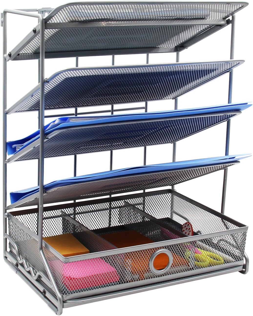 5 Tier Assembly Desk Trays Desktop / Wall Mount / Hanging File Organiser with Extra Drawer Organiser ,Silver