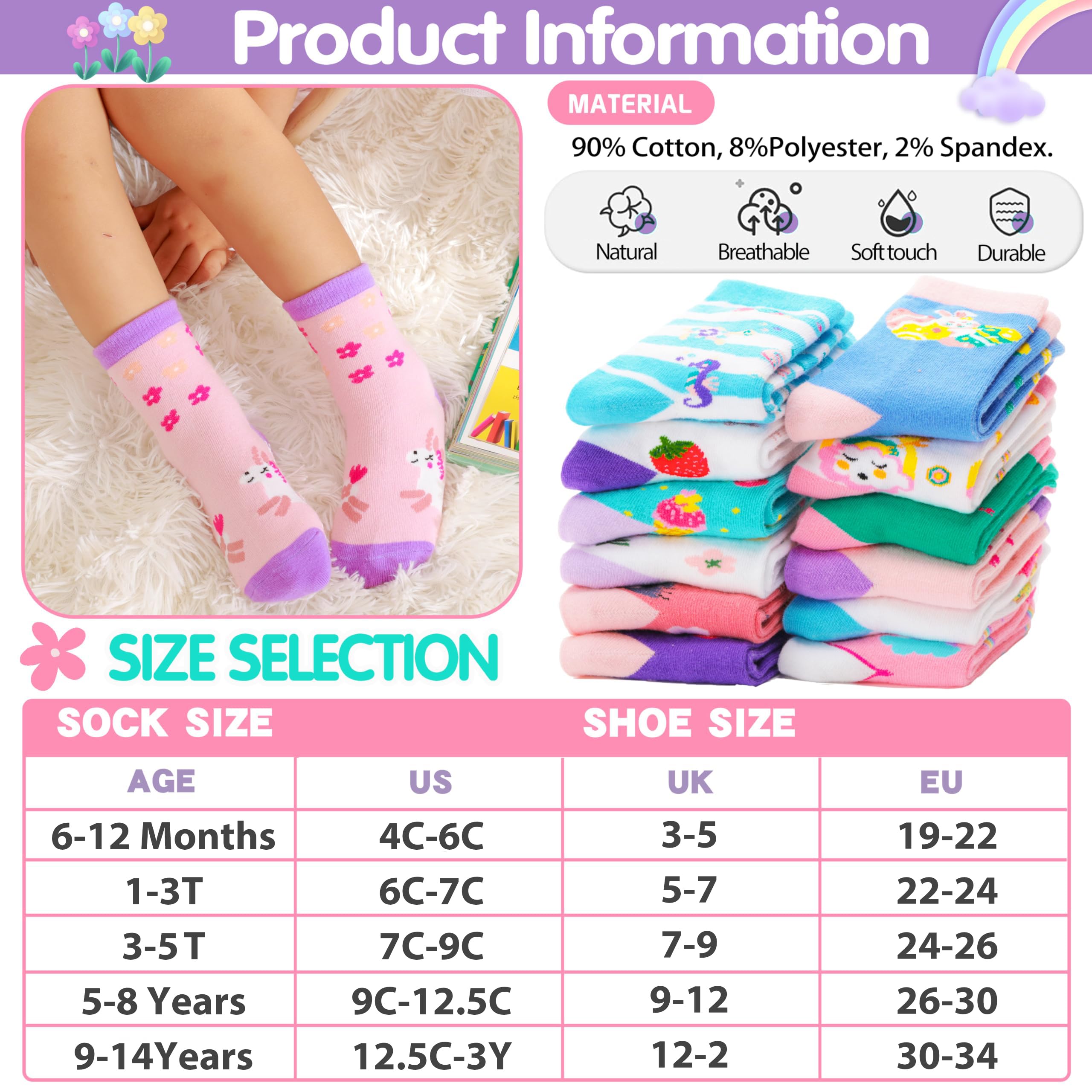 Welwoos 12 Pairs Baby Girls Toddlers Grips Socks Non Slip Funny Animal Cartoon Cosy Breathable Cotton Anit Skid Socks — view 5