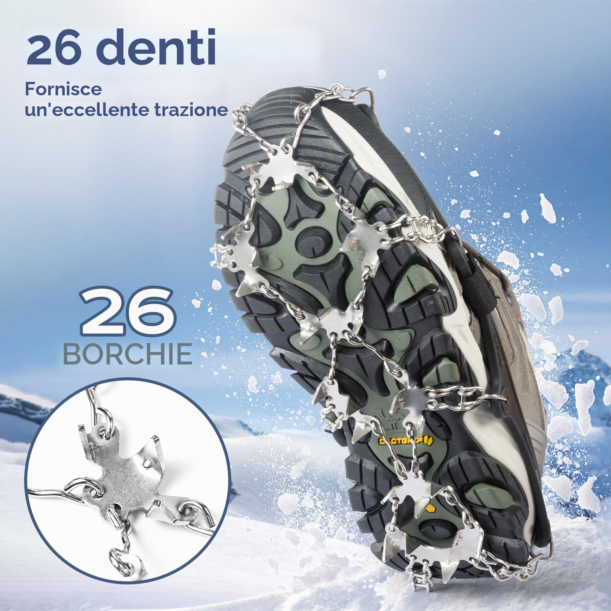 Ramponi per Scarponi, 26 Denti 201 Catene in Acciaio Inossidabile Portatile Ramponcini, Leggeri Ramponi da Ghiaccio Protezione Sicura, per Camminare, Jogging, Pesca, Camp