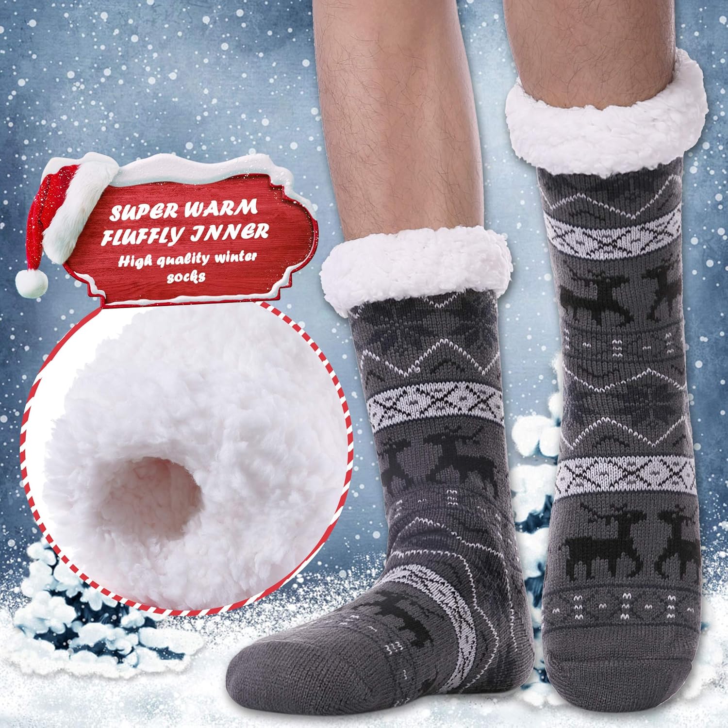 DYW Mens Fuzzy Slipper Socks Warm Thick Heavy Thermal Fleece lined Fluffy Winter Non Slip Socks - Image 2