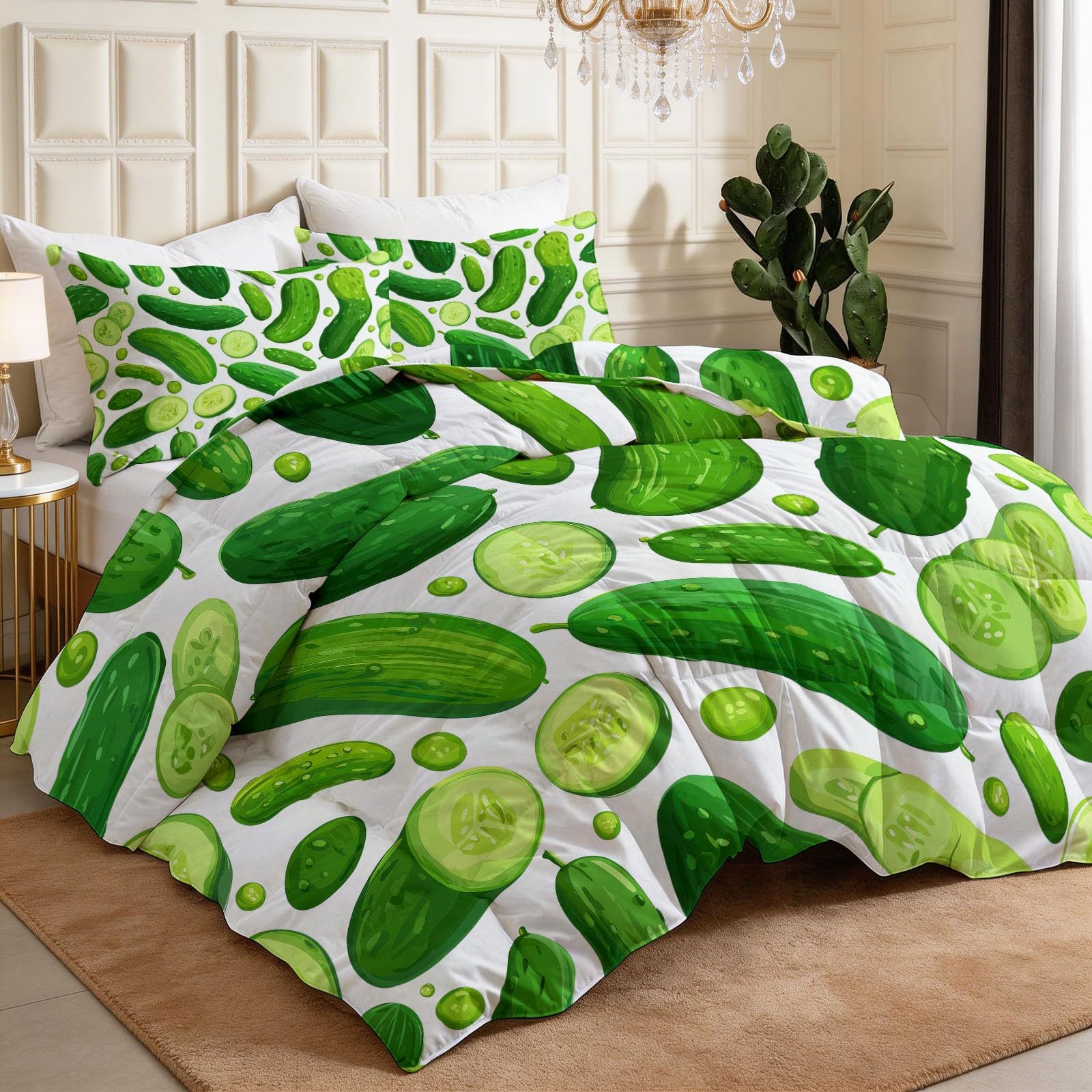 Générique Piumino lavabile per bambini, 200 x 200 cm, bianco cartone animato, verdura, cetriolo 4 stagioni, per letto matrimoniale, piumino reversibile leggero, senza coperte e 2 federe 65 x 65 cm