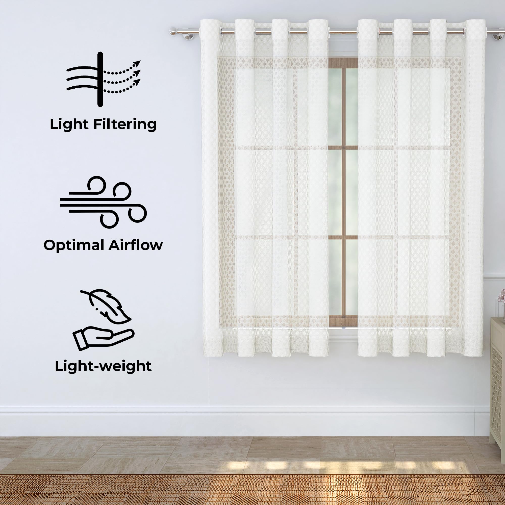 Story@Home Window Curtains 5 Feet Long Set of 2 | Diamond Printed | Semi Transparent Curtain | Net Curtains | Sheer Curtain for Living Room | (118 X 152 Cm, Off White) | Perfect for Home Decor 2