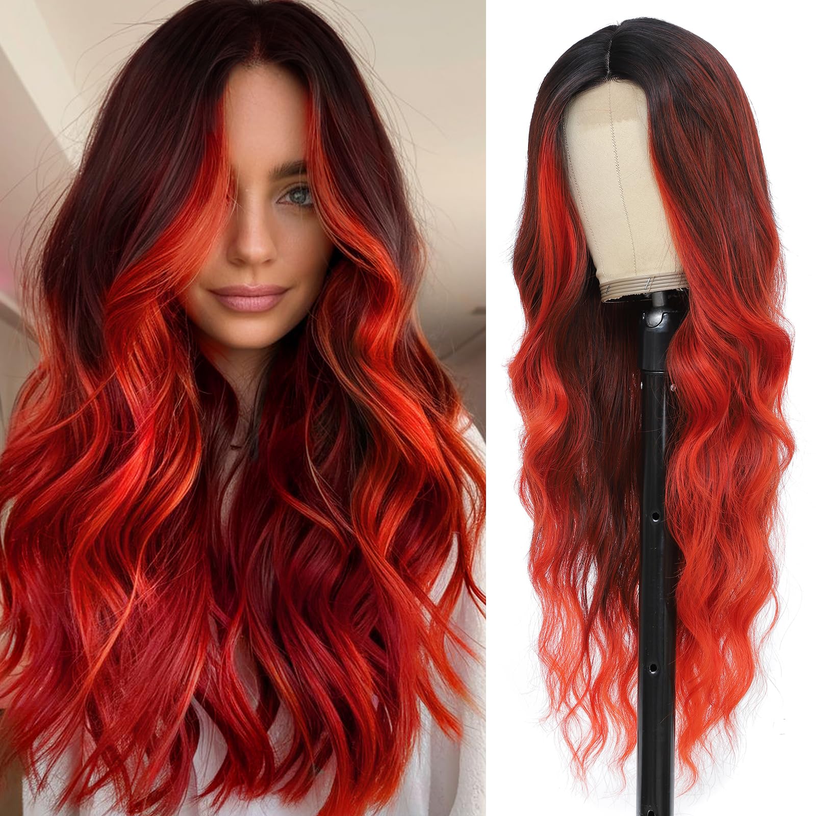 Angzon Long Red Wavy Wig for Women 26 Inch Ombre Red Middle Part Curly Synthetic Hair Wig Natural Look Heat Resistant Fiber for Daily Party Use