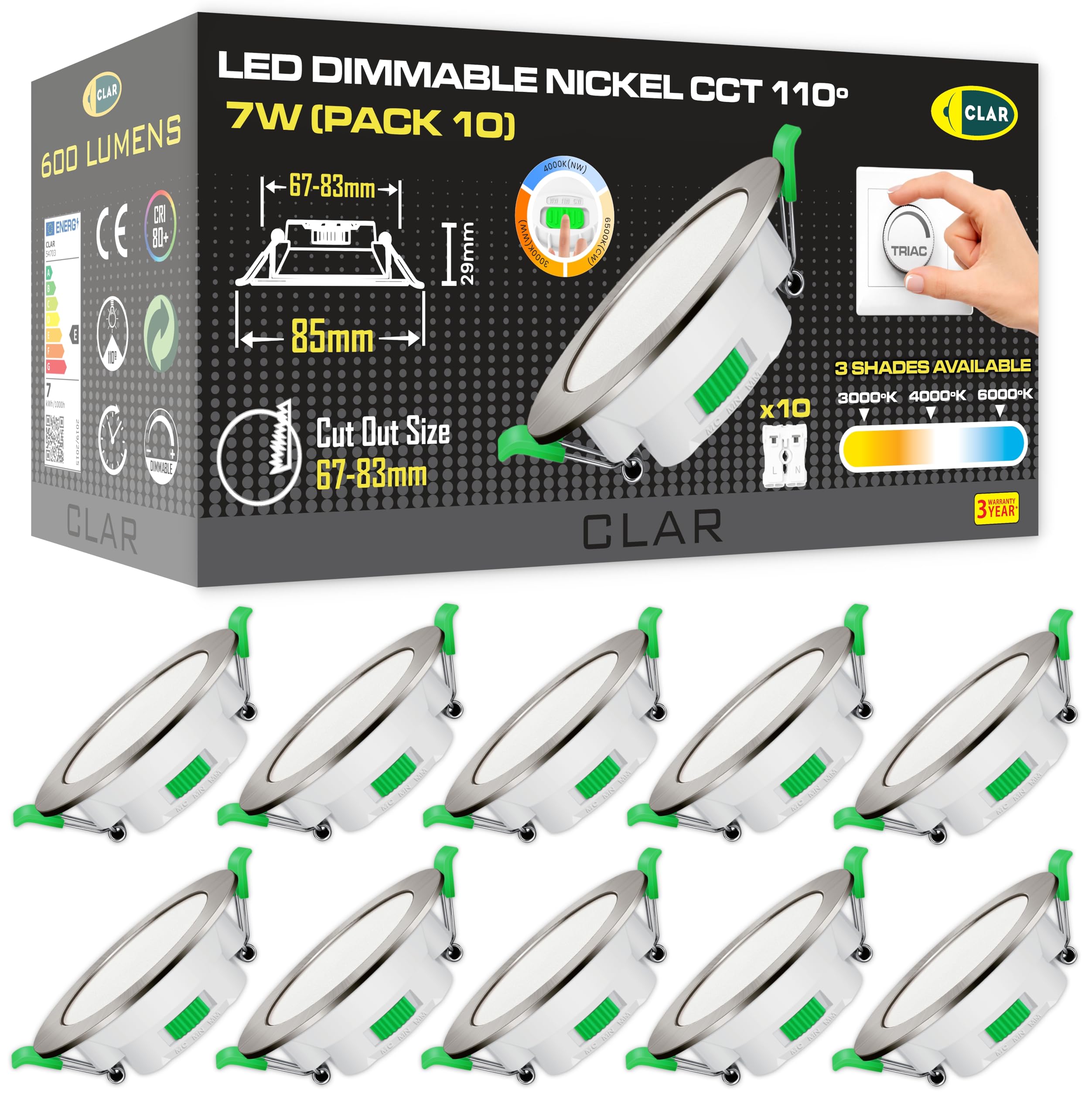 CLAR - Oprawa sufitowa LED do zabudowy, oświetlenie sufitowe LED, reflektory sufitowe, ściemniane światło 7 W, 3 odcienie, nikiel (opakowanie 10)