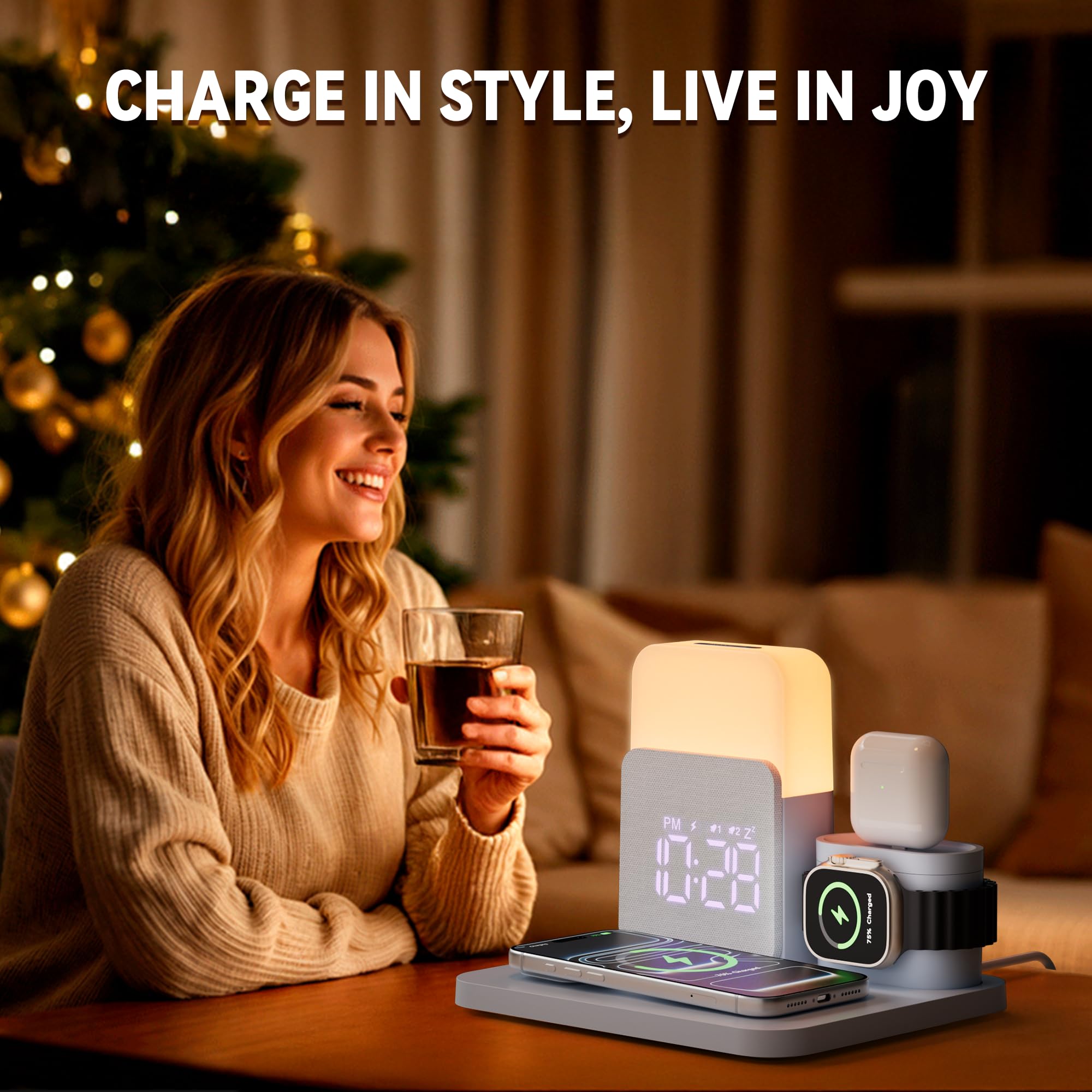 COLSUR Stazione di ricarica wireless 6 in 1, caricabatterie wireless magnetico da 25 W con sveglia, luce notturna, supporto caricabatterie wireless per iPhone 16 15 14 13 12 11 X Pro Max, Apple Watch