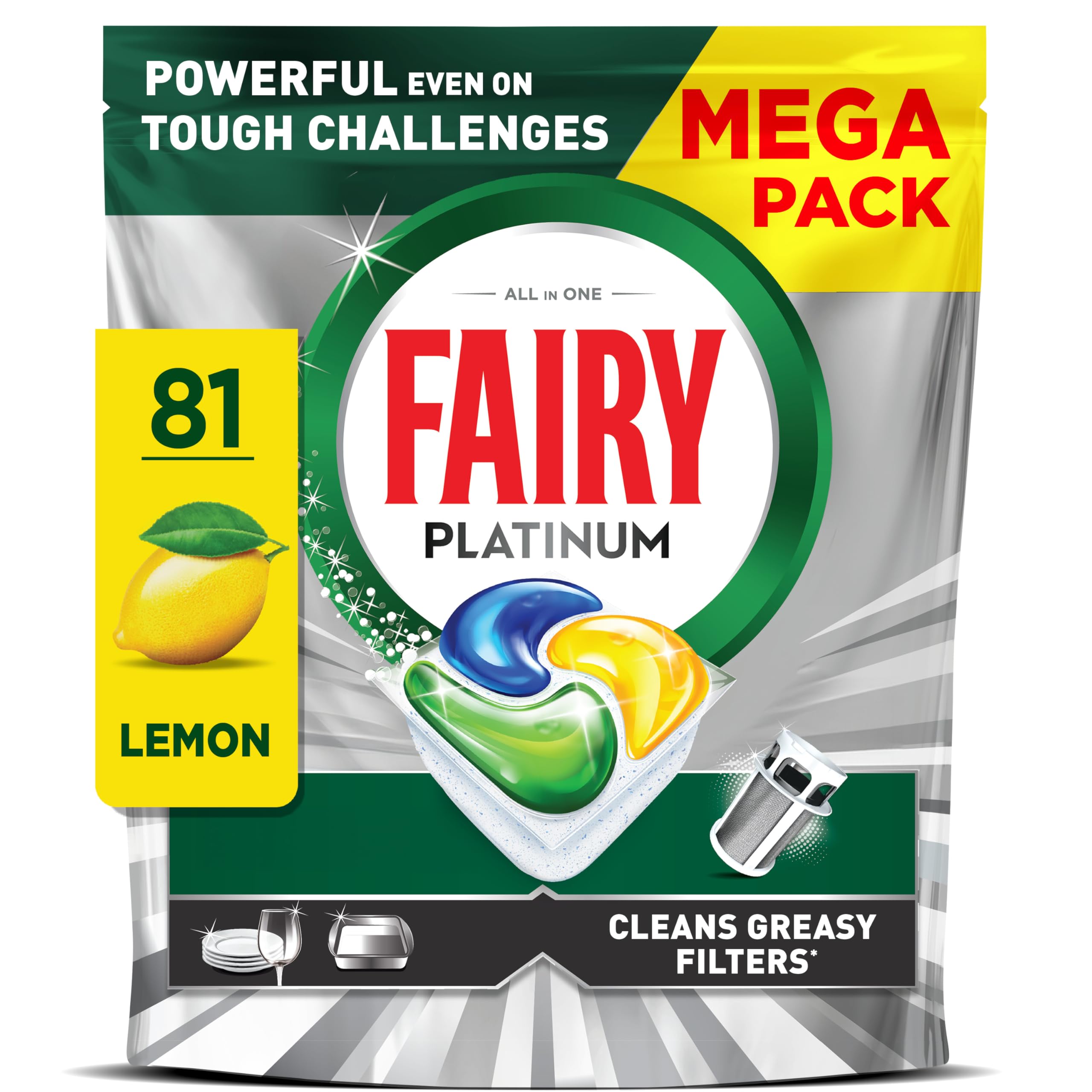 Fairy Platinum Dishwasher Tablets, Lemon, 81 Capsules, Powerful Even on Tough Cleaning Challenges, Clean Dishes, Shiny Machine, Cleans Greasy Filter