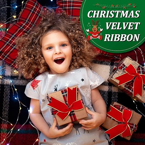 Miniatura 5 de 3 rollos de cinta de terciopelo rojo de Navidad de 30 yardas con borde dorado de 2.5 pulgadas de ancho, cinta con alambre para exteriores, cinta