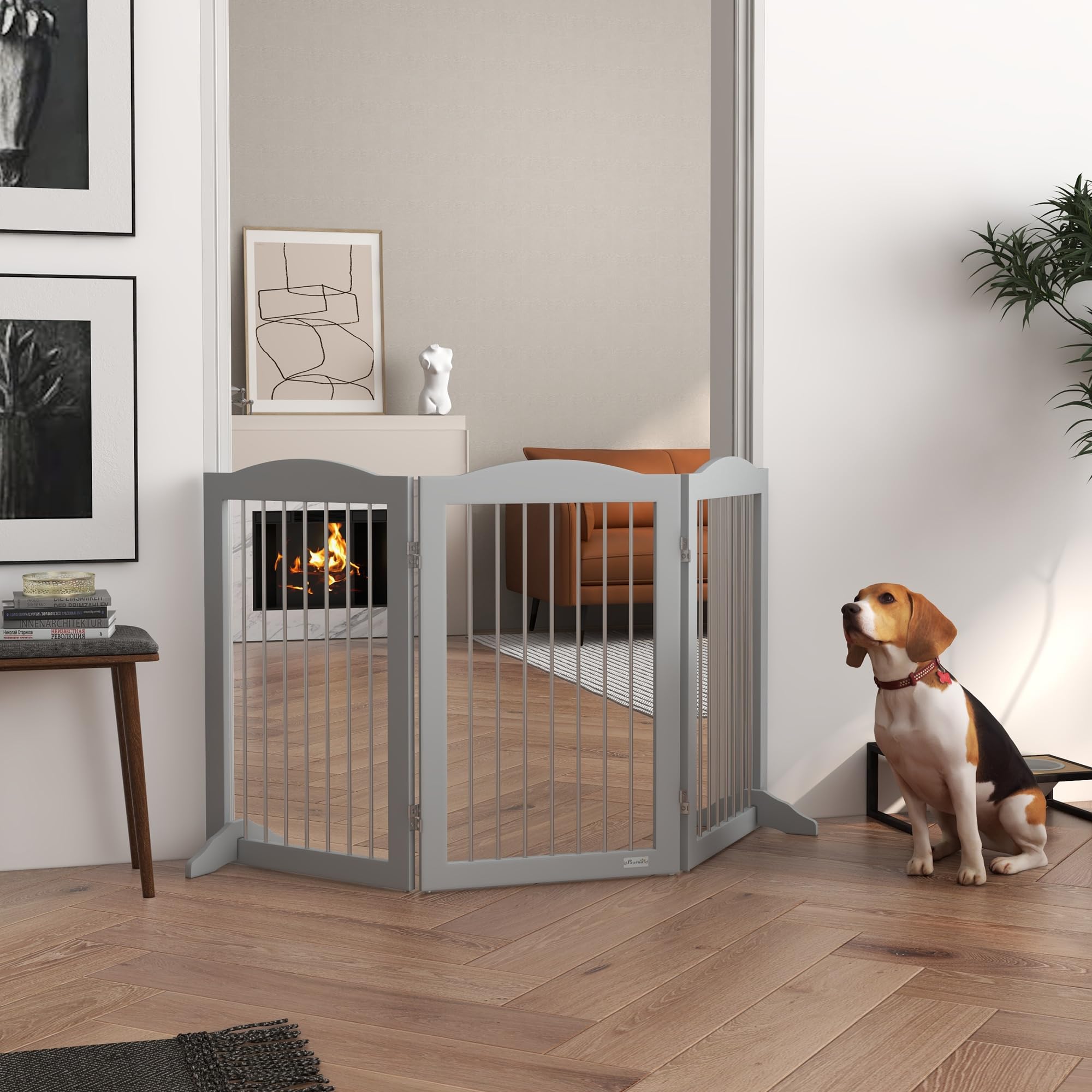 PawHut Barrera de Seguridad para Perros, Valla Plegable 154x30x80 cm Gris | para Escaleras y Puertas, Perros Pequeños y Medianos, 3 Paneles, con Soporte de Pie, para Interiores
