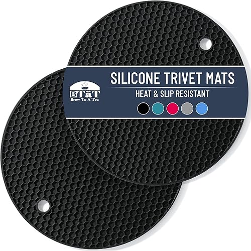 BTaT - Salvamanteles de silicona, paquete de 2 salvamanteles redondos de silicona negros para ollas calientes, sartenes y platos