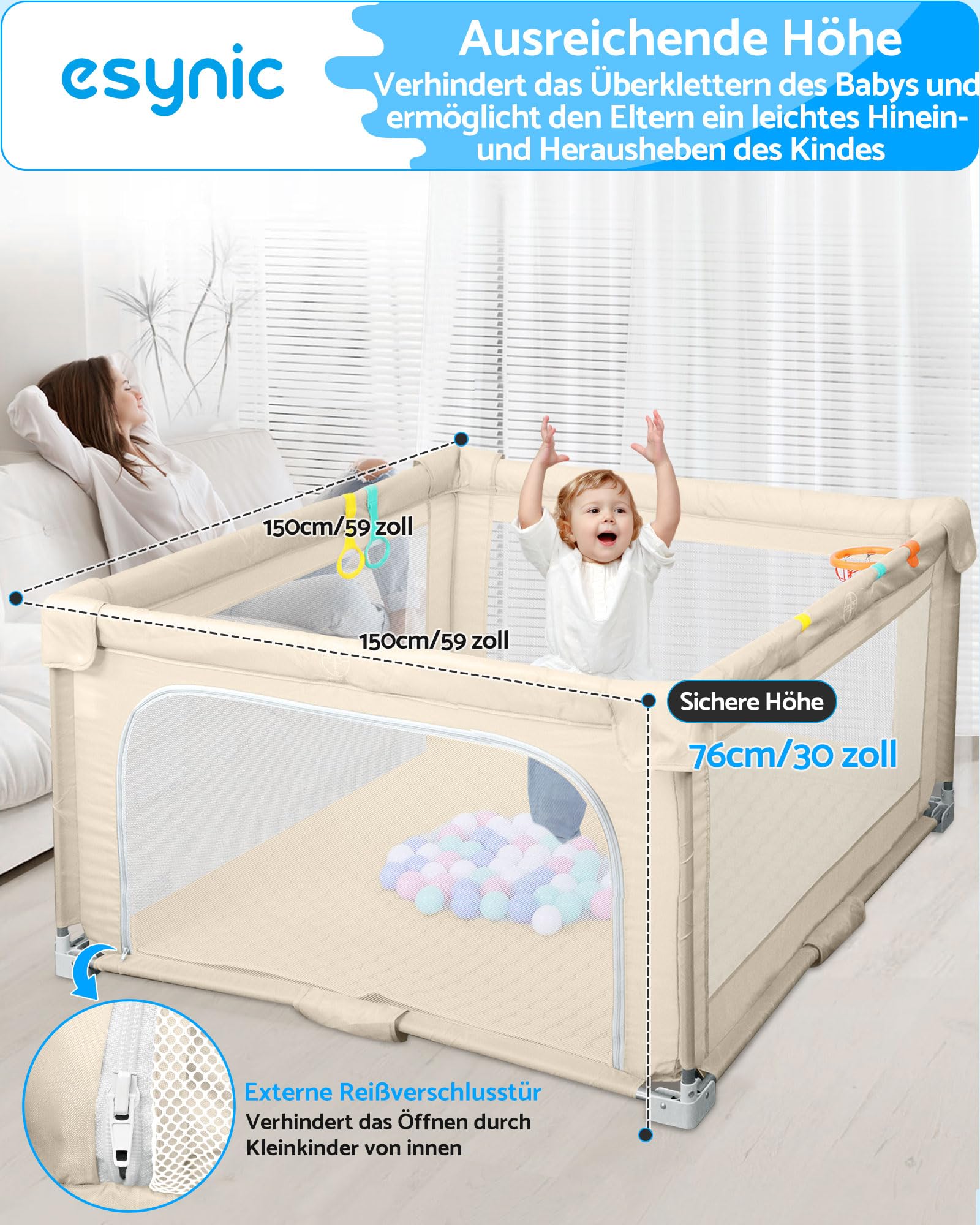 eSynic Laufstall Baby Faltbar Laufgitter mit Matte 150×150cm Klappbarer Extra Großes Indoor & Outdoor Sicherheitslaufstall mit Atmungsaktivem Mesh 50 Bällen Spielgriffen & Tragetasche Beige
