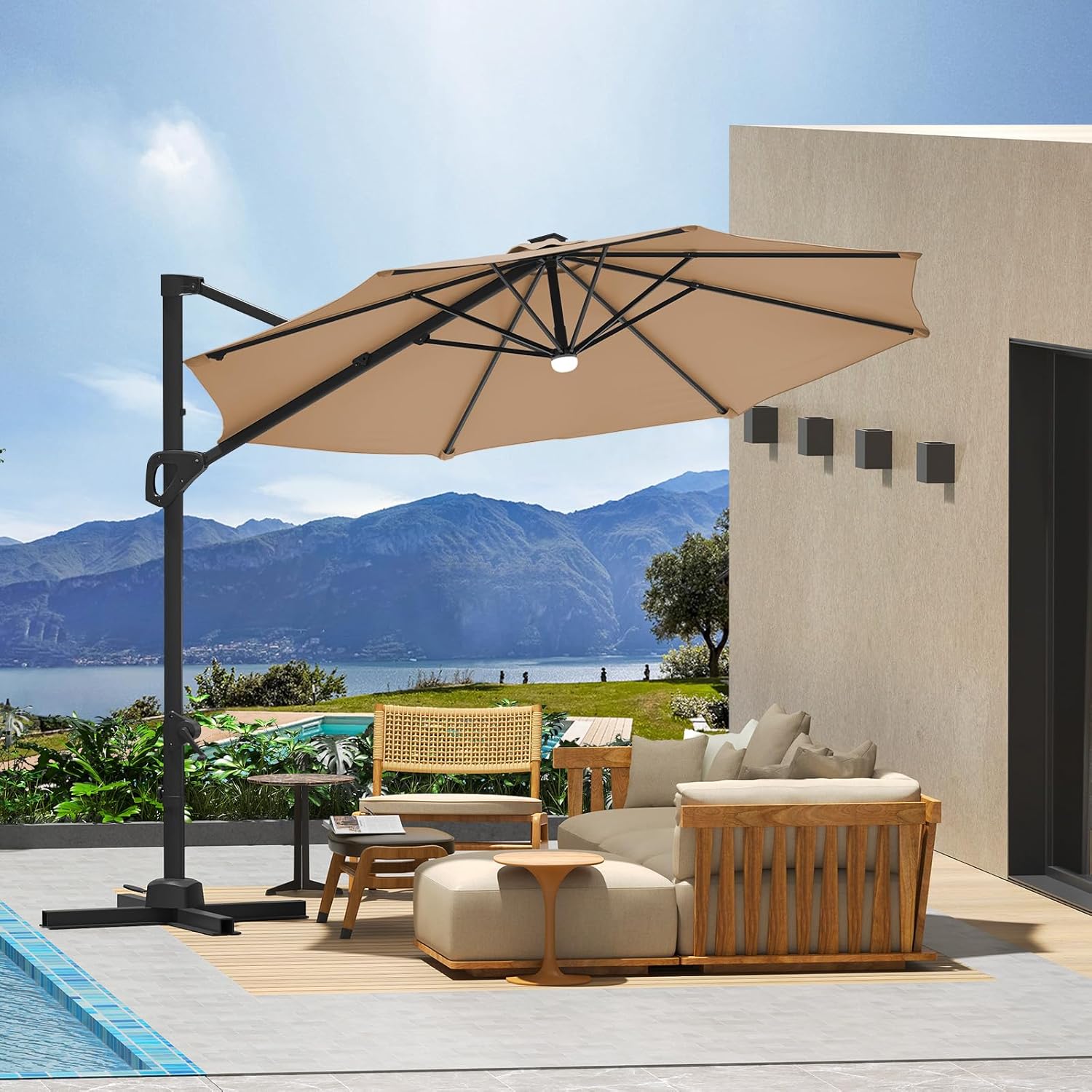 Garvee Cantilever Patio Umbrella 10ft Large Round Umbrella Outdoor Market Umbrellas 360°Rotation Offset Hanging Outdoor Shade for Patio