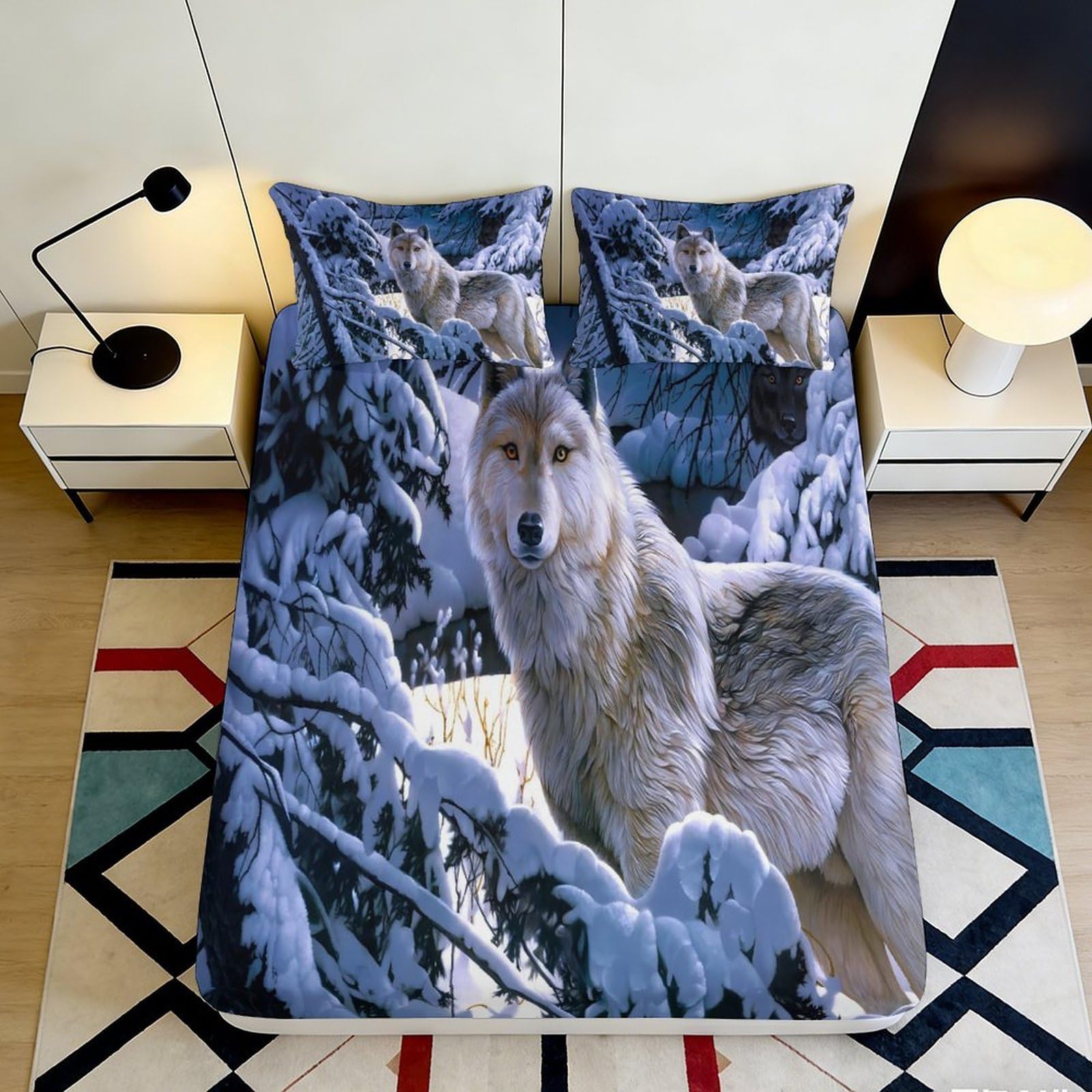 3D Printed Winter Wolf Fitted Sheet Microfiber Soft Durable Snowy Forest Bed Cover for Bedroom Dorm Dormitory Guest Room Mattress Protection 180x200x25cm