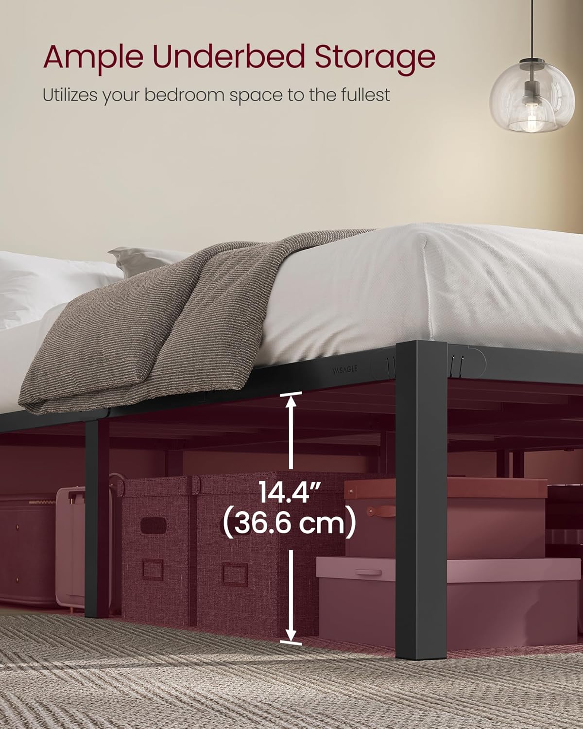 VASAGLE Metal Full Bed Frame, Heavy-Duty Platform Bed Frame Full Size, Quick Assembly, 1500 lb Weight Capacity, Steel Slats, No Box Spring Needed, Ink Black and Forest Green URMB872B01 - Image 6