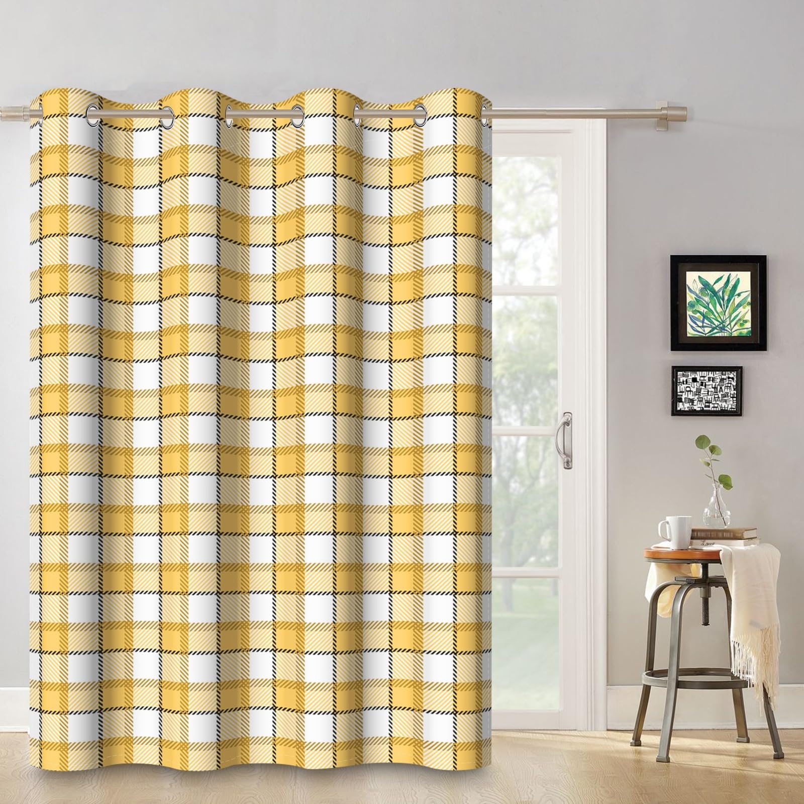 ggaimwf 42"x 63" Plaid Eyelet Curtain Yellow White Check Retro Gingham Rustic Farmhouse Style Thermal Grommet Room Dividers Blackout Window Drapes for Bedroom Cafe Kitchen Living Room,1-Single Panel - Image 3
