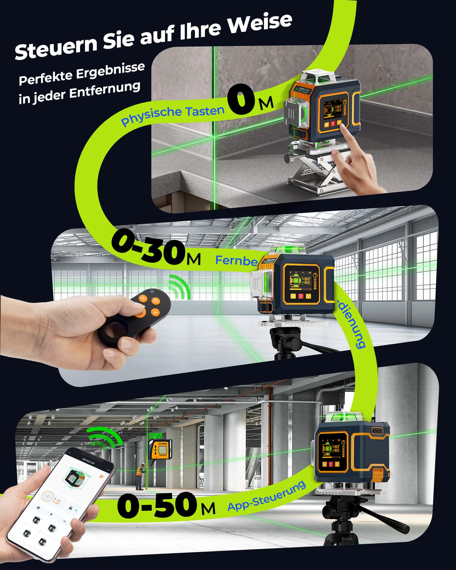 Kreuzlinienlaser mit Laserempfänger, CIGMAN APP Intelligente Kontrolle 4x360 Grad Selbstnivellierend Laser Wasserwaage, mit LCD-Display, Linienlaser Baulaser Kreuzlaser Grün für Innenbereich Bauste