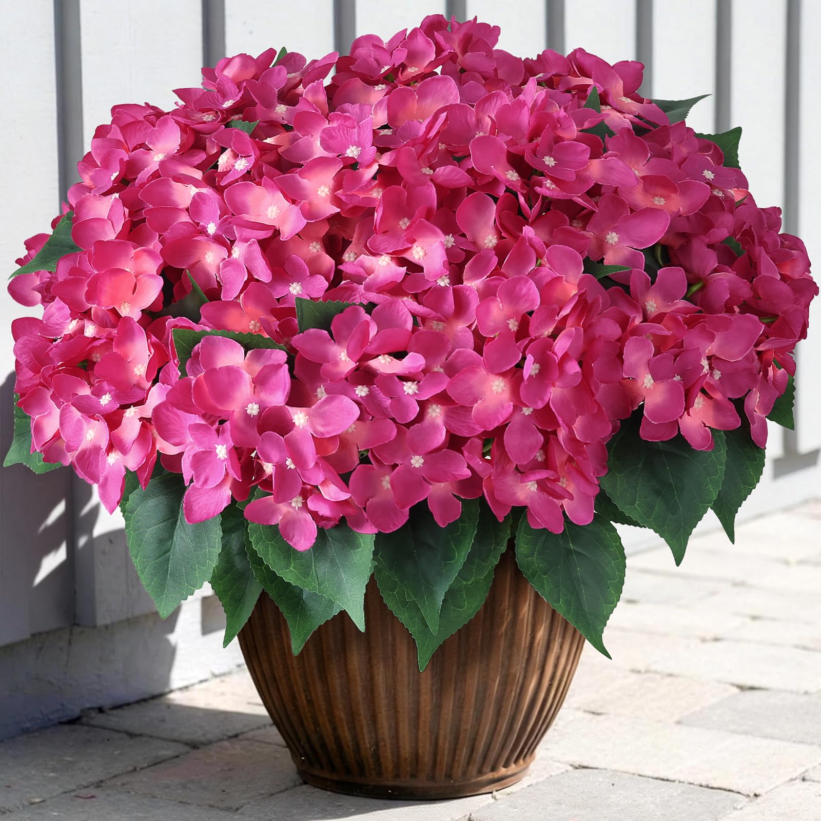 Photo 1 of FOTEEWL 16 Bundles Artificial Hydrangea Flowers for Outdoor Decor, Realistic Faux Silk Bouquets Sun-Resistant Fake Plants for Front Door Balcony Farmhouse Garden Home Spring Summer Decor (Rose Red)