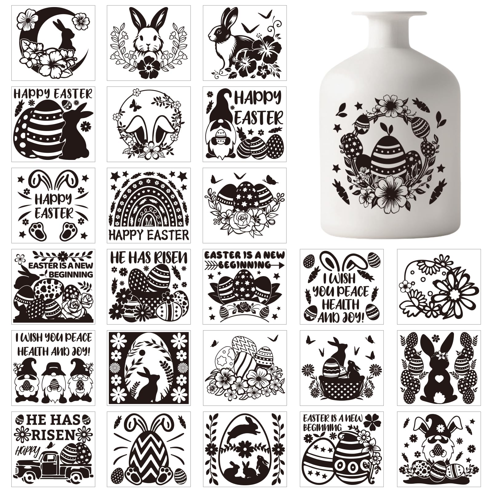 GLOBLELAND 25Pcs Easter Bunny Silhouette Mason Jar Decals Stickers Rabbit Eggs Flowers Plastic Silhouette Wall Decals Stickers Adhesive Lantern Jar Stickers Glass Art Mural Home Decor